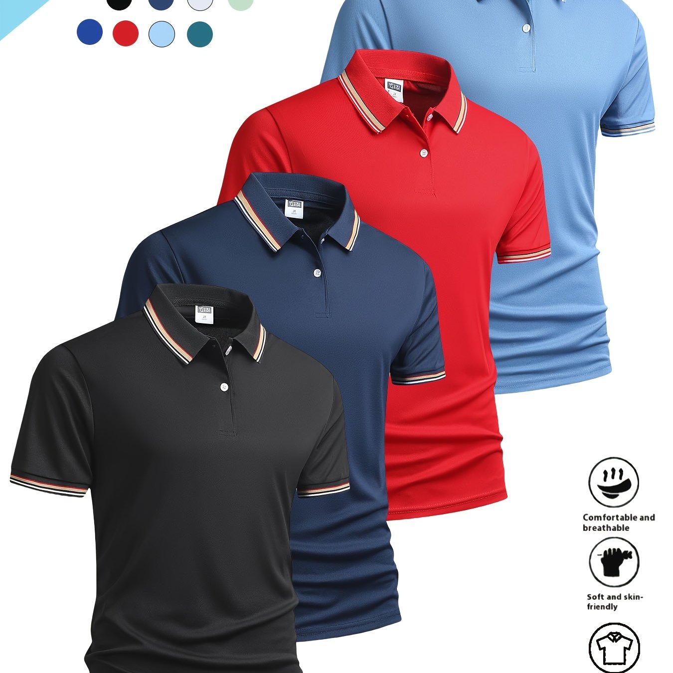 TEMU 4pcs Set Of Men's Summer Striped Light Panel Lapel Business Short Sleeves. Threaded Cuffs, Hand Knitted. Suitable For Work, Commuting, Gifting,