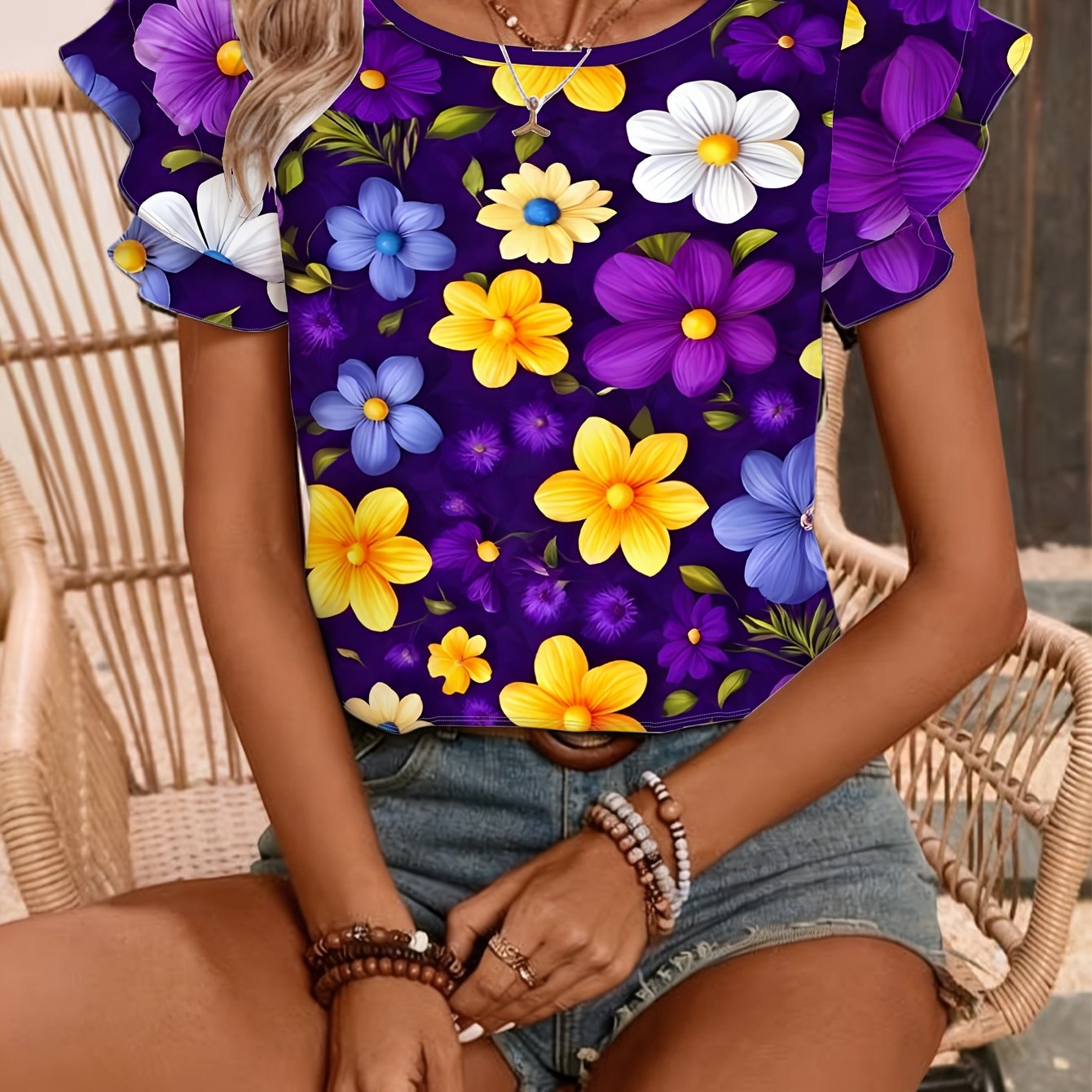 TEMU Purple Floral Short-sleeve T-shirt For Women, Summer Style Round Neck Loose , Fashionable Casual Versatile Design