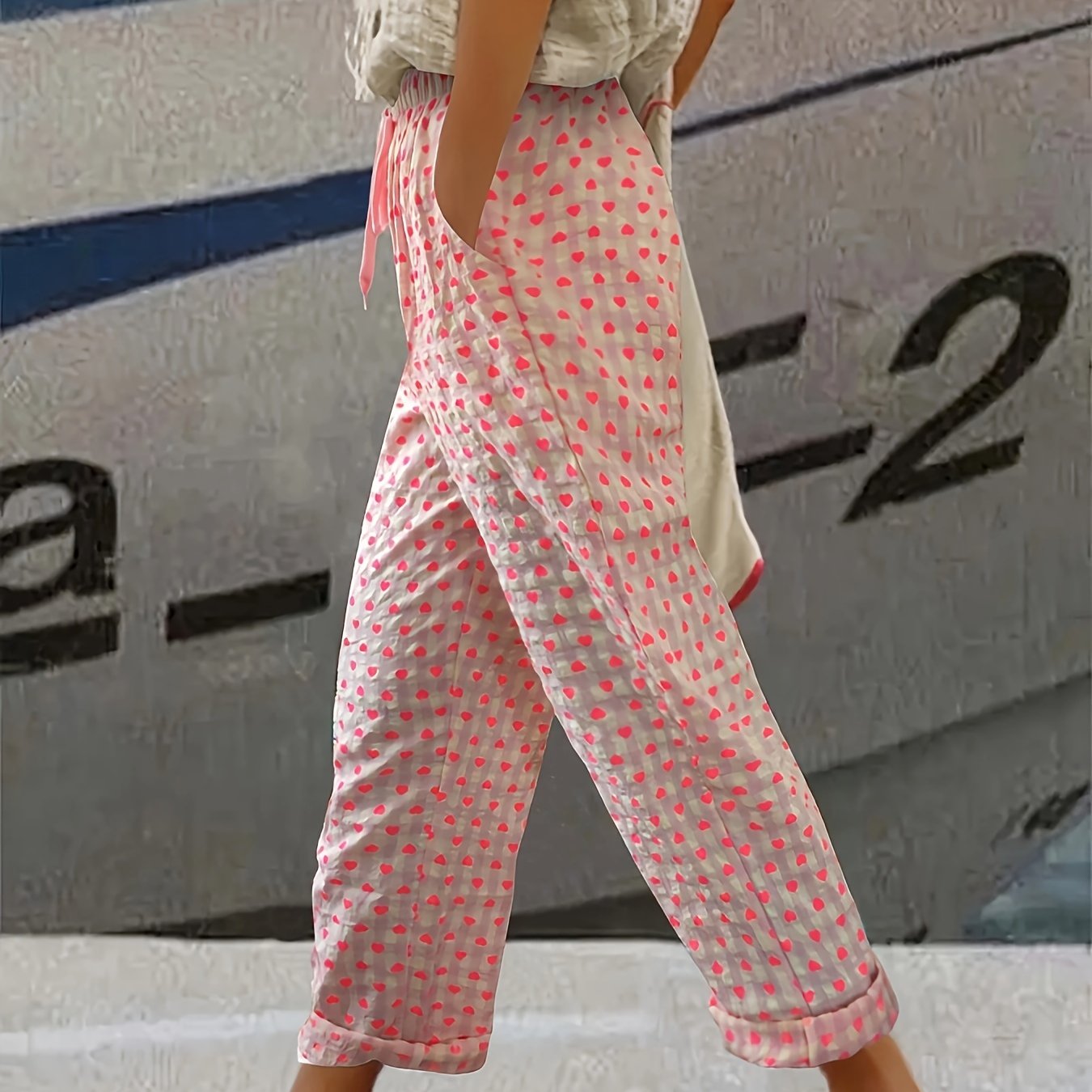 Image of Fashionable And Pure Elastic Casual Pants, Small Heart Pure Printed Waist Drawstring Casual Trousers