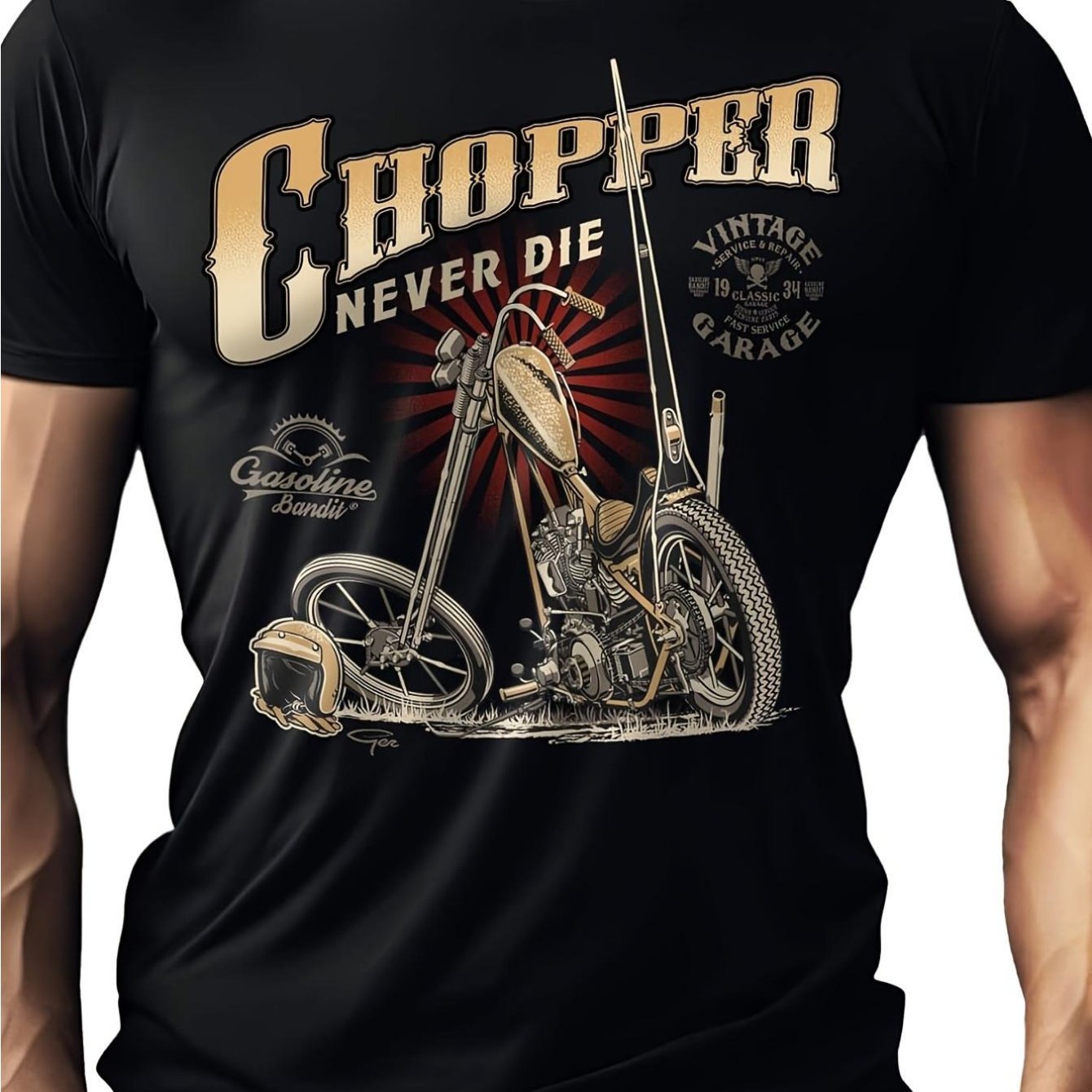 Motorcycle Biker T Shirt With Chopper Print Apparel Casual Round Neck For Enthusiasts Machine Washable Patch