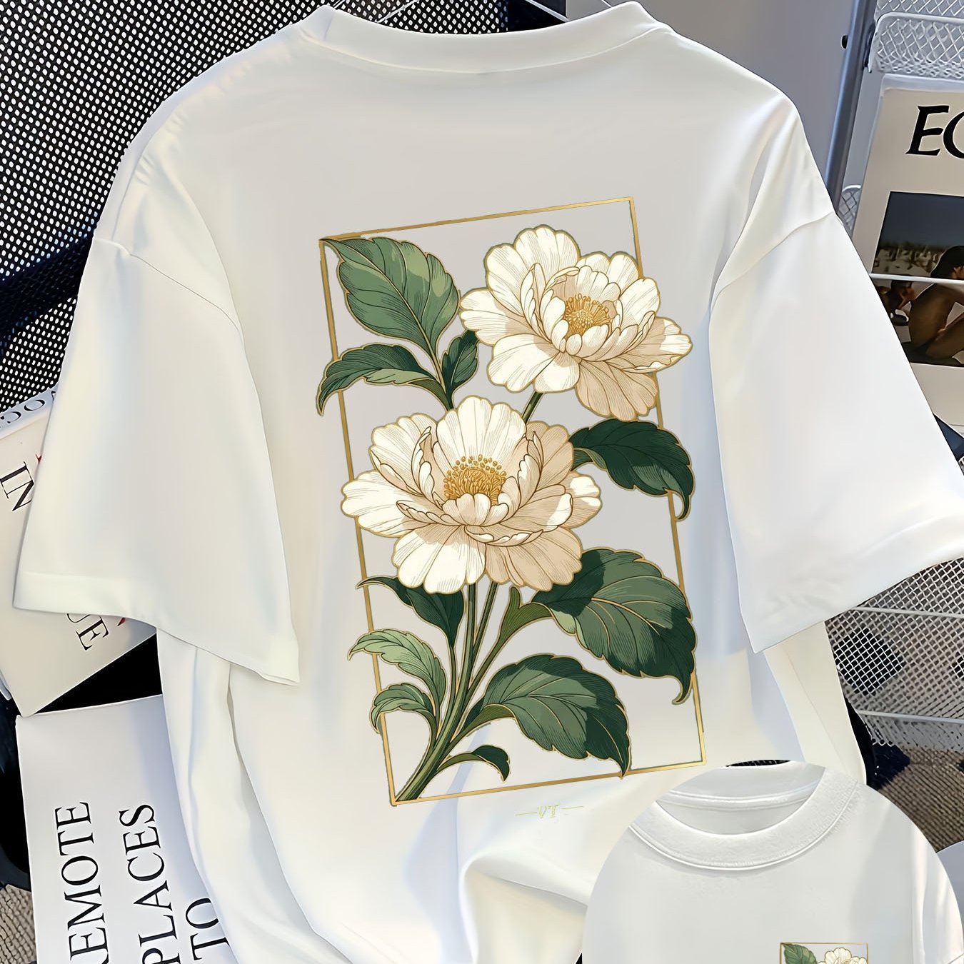 Image of Peony Botanical T-shirt Women's | Elegant Floral | Artistic Nature Oversized Summer Top | Loose Fit Casual Shirt