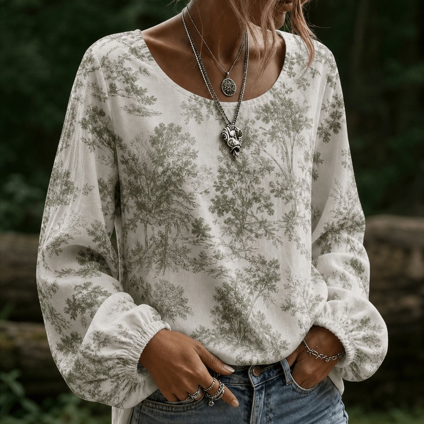 Image of Plus Size, New Arrival Women Round Neck Lantern Cuff Blouse Soft Breathable Top With Base Simple Forest Full Printed Pattern Of Gray Green Sketch And Plants Gift For Women