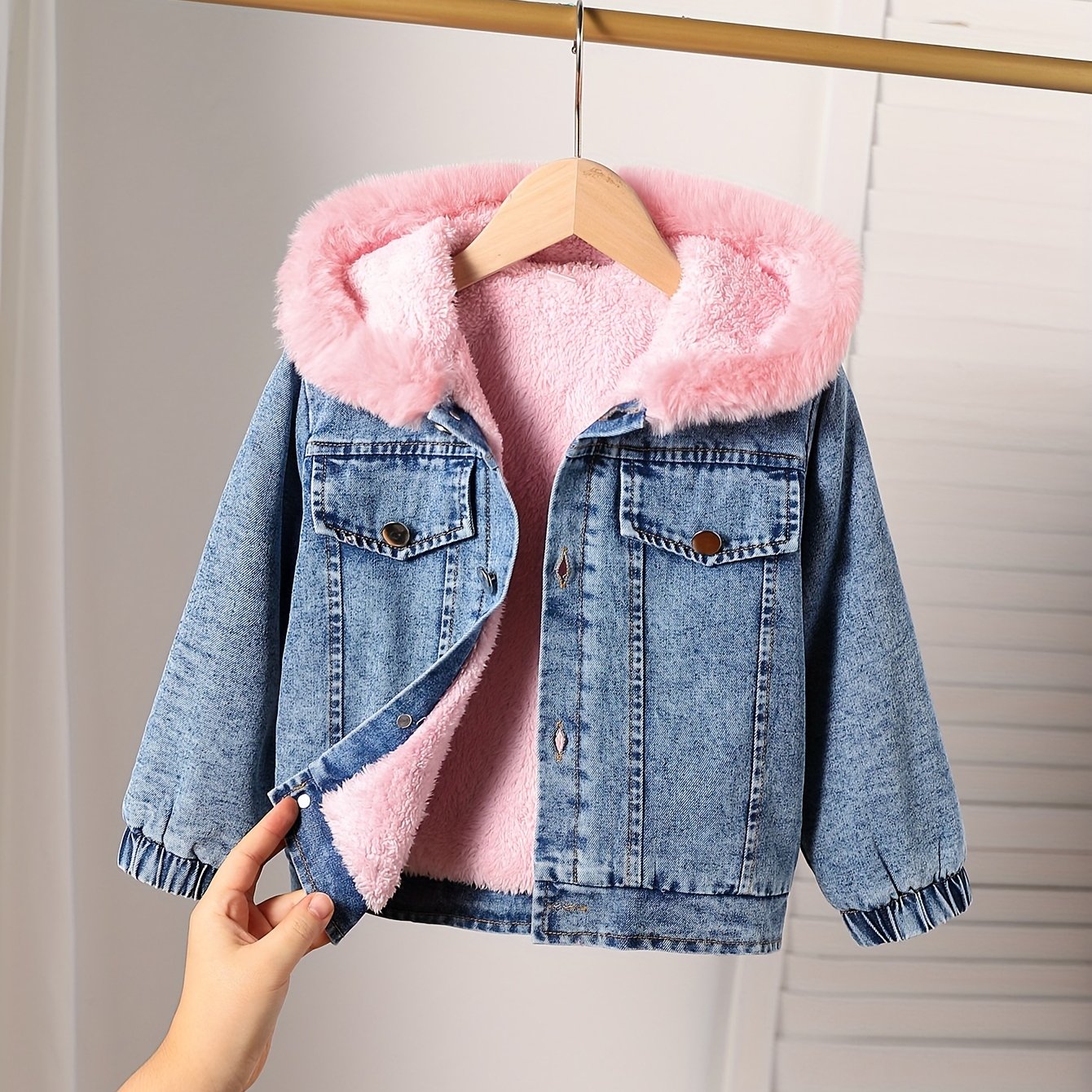 Girls' Autumn/ Long-sleeve -lined Denim Jacket With Hood, Suitable For Cold Weather
