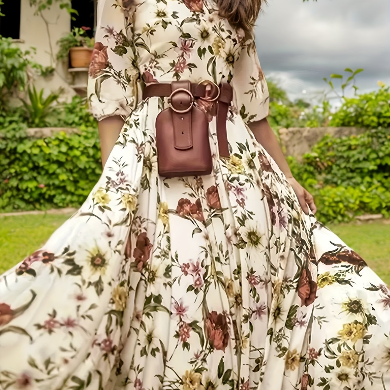 TEMU Elegant Princess Dress For Women - Floral Print, Long Sleeve, Polyester Blend, Wear, Hand Wash Or , Lightweight & Breathable, Casual Or Formal Occasions
