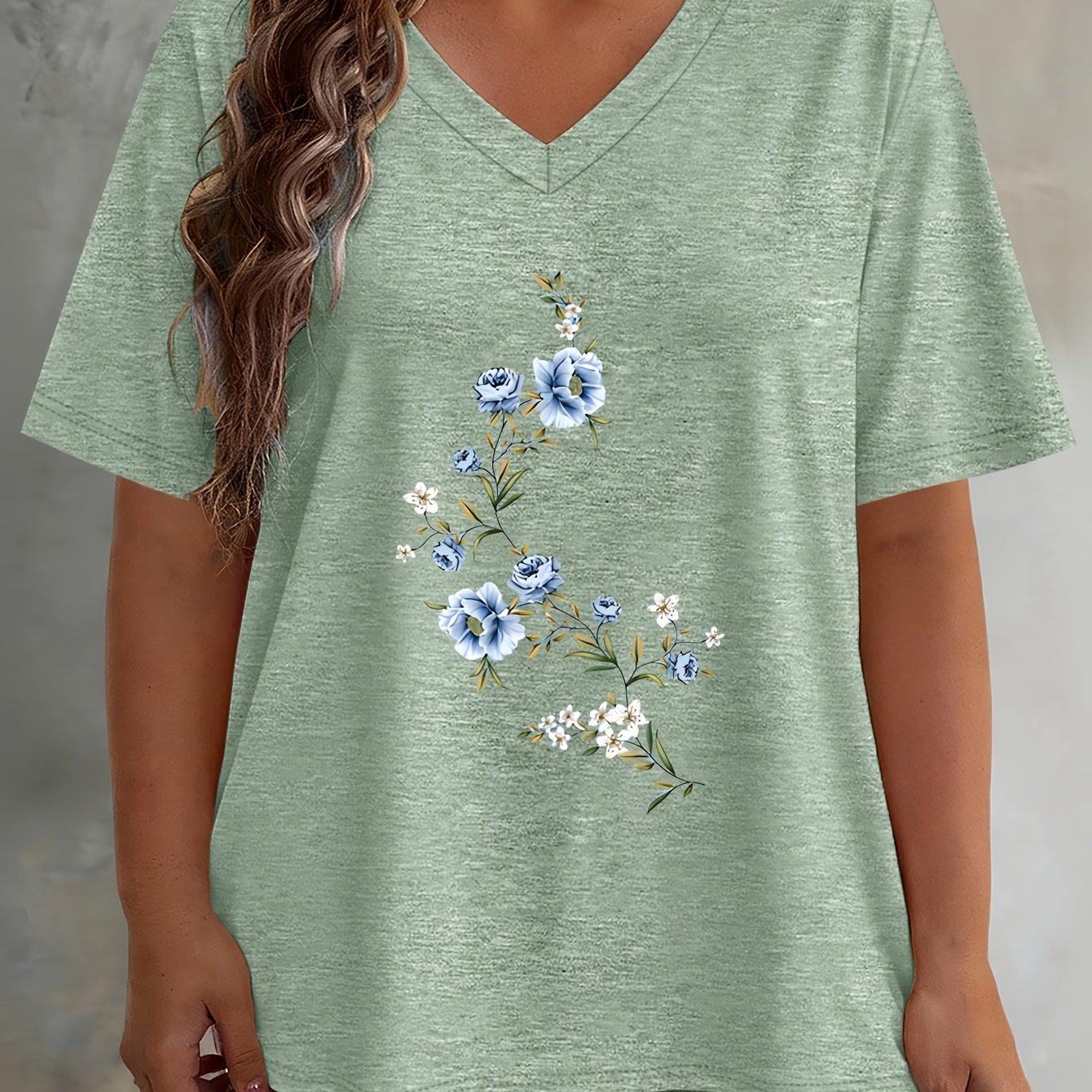 TEMU Plus Size - Plus Size - Spring Summer New Plus Size Women's Fashion Blue Small Floral Branch Print Loose Drop Shoulder Short Sleeve Shirt High