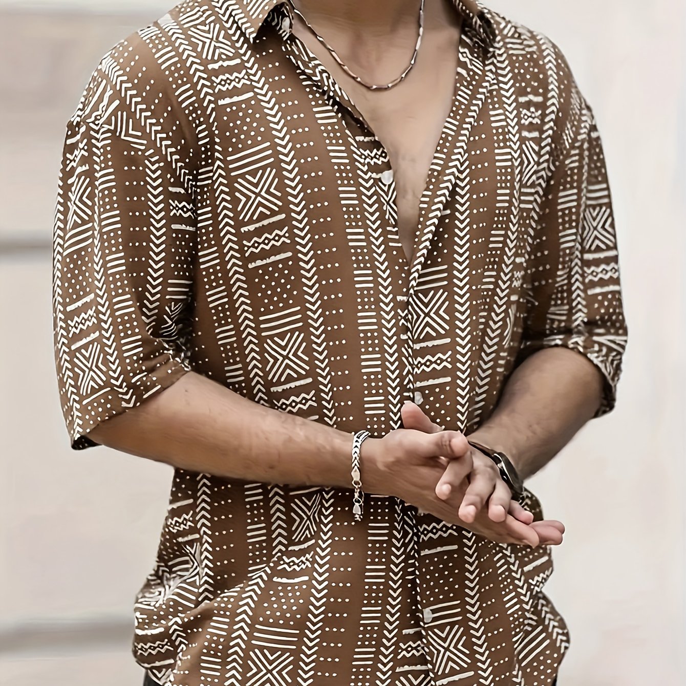 TEMU [printed Design - Not Textured] Vintage Geometric Style! Black And White Totem Hawaiian Shirt, Ethnic-inspired Patterns Are Super , Loose Short