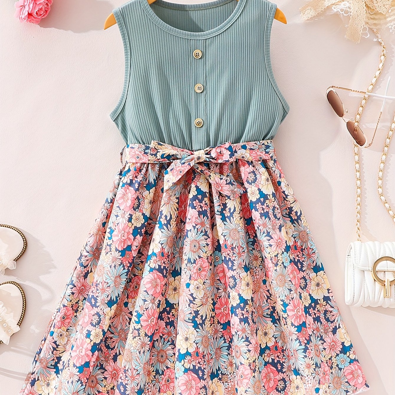 Image of Girls' Older Girls' Summer Vest Dress, Floral Print Full Skirt, Button-decorated Design, With Belt