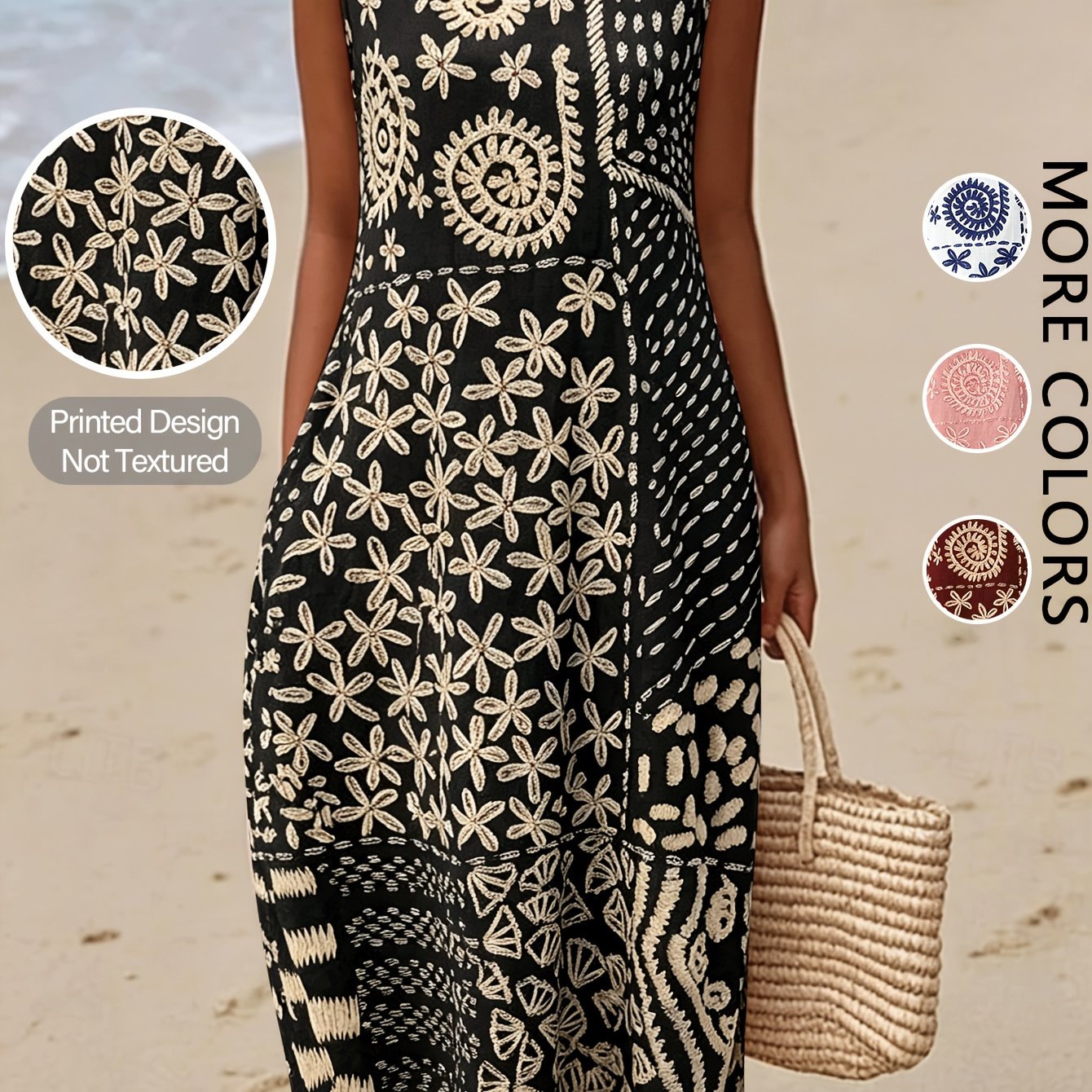 TEMU Boho Bohemian Style Sleeveless Dress 2026 Spring Romantic Ethnic Print Loose Midi Dress For Beach Vacation, Daily Casual Wear, Flattering And