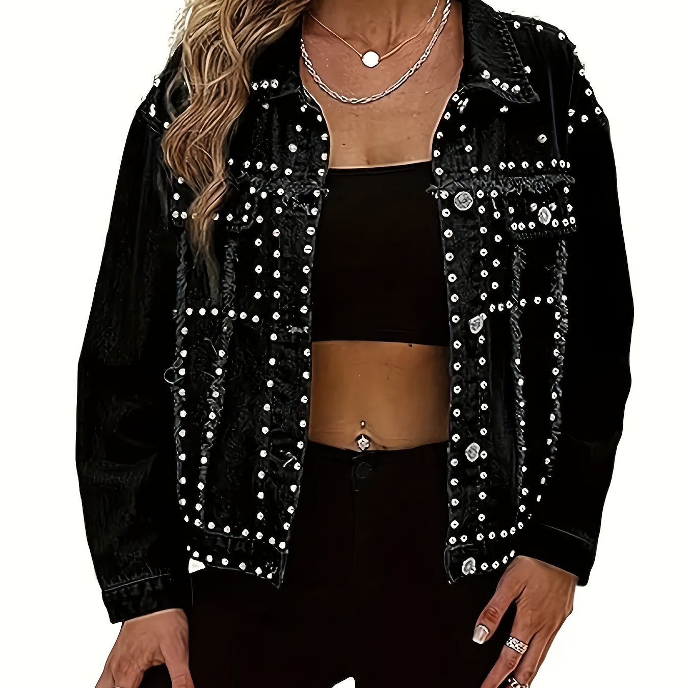 Image of Streetwear Brand Women's Denim Jacket, Three-dimensional Cut And Spliced Fringed Design, Fashionable Rivet Decoration, In Black And White, Streetwear Trend Women's Denim Jacket