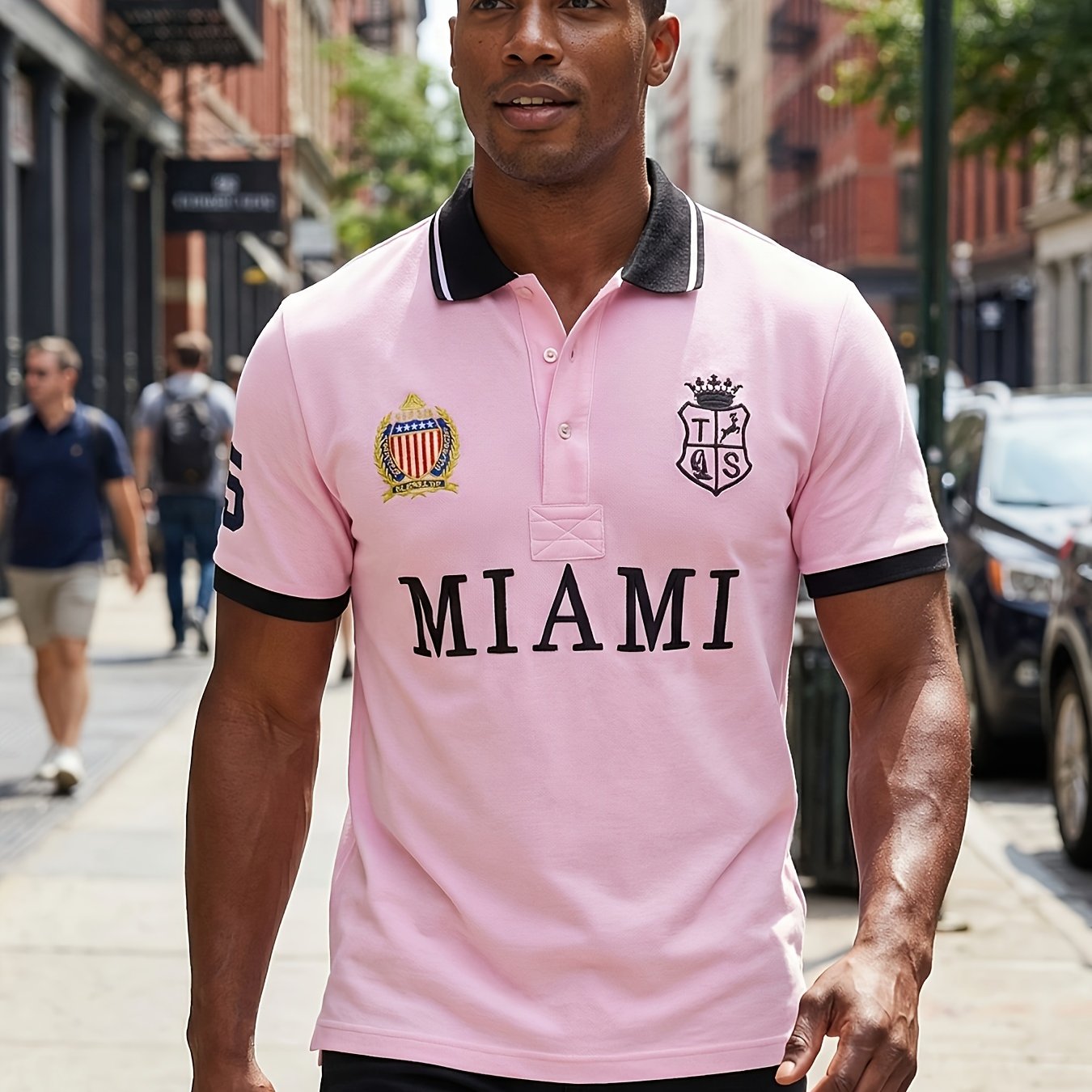 Image of New Short-sleeved Shirt For Men, American Miami Pink, Pure, Slim Fit, Split Hem, Embroidery, Color-blocking Ribbed Knit