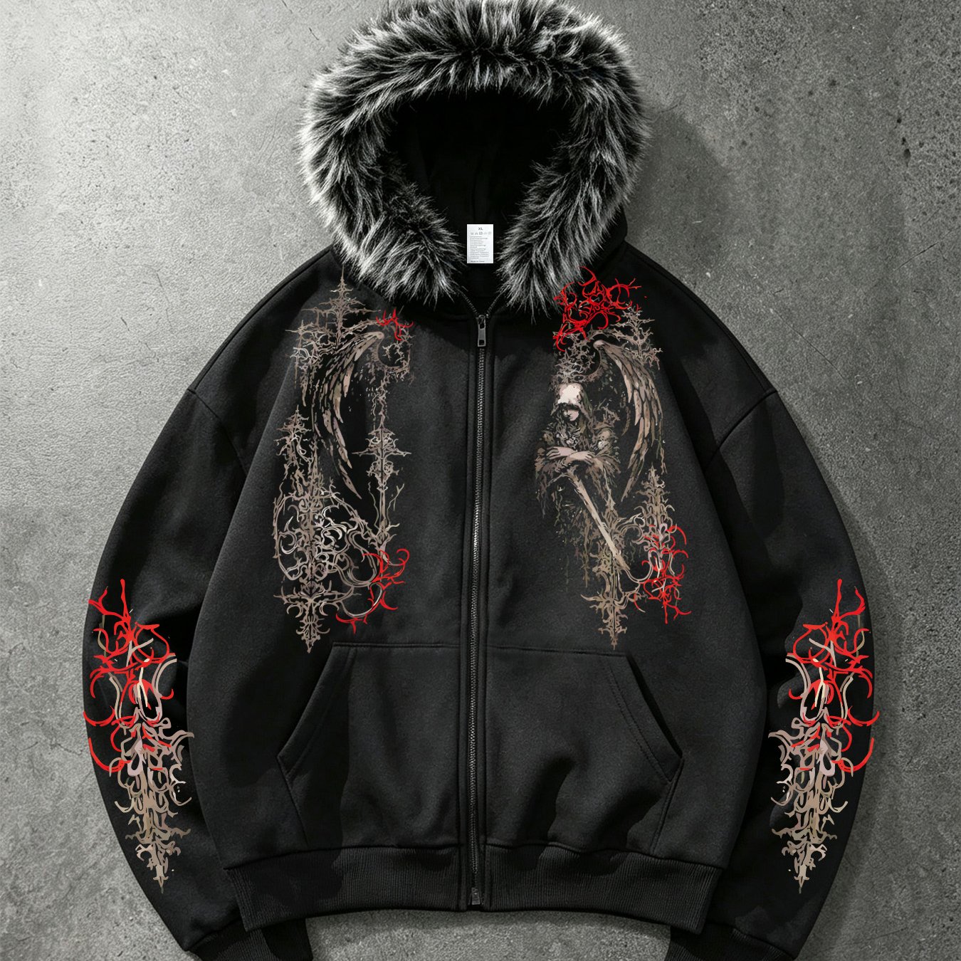 TEMU Collar Full Zip Sweatshirt, Gothic Red Thorn Pattern Print Short Loose Jacket