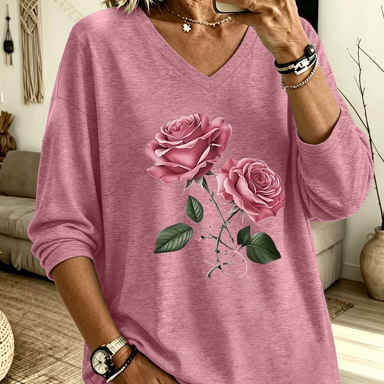 TEMU Plus Size - Valentine's Summer Plus Size Women's Casual Long Sleeve V-neck T-shirt With Rose Floral Print, Viscose Fabric - Care Machine