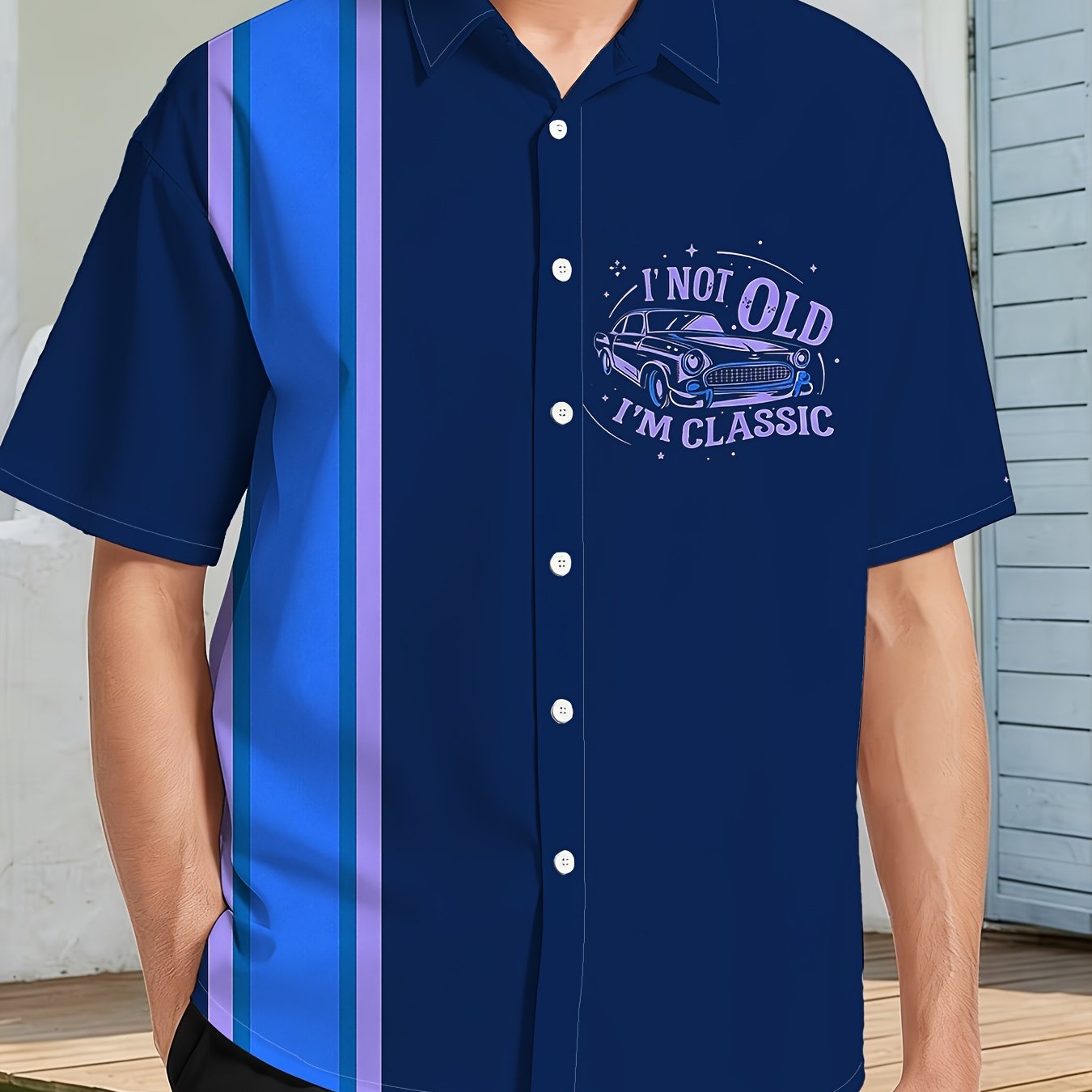 TEMU Men's Fashion Short Sleeve Shirt, Retro Style Short Sleeve Shirt, Classic Car Pattern And "i Not Old I'" Lettering On Chest, Trendy New Summer