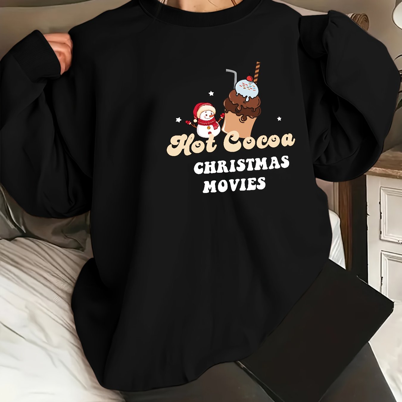 Plus Size Christmas Casual Sweatshirt,Women's Plus Snowman & Snowflake  Print Long Sleeve Round Neck Pullover