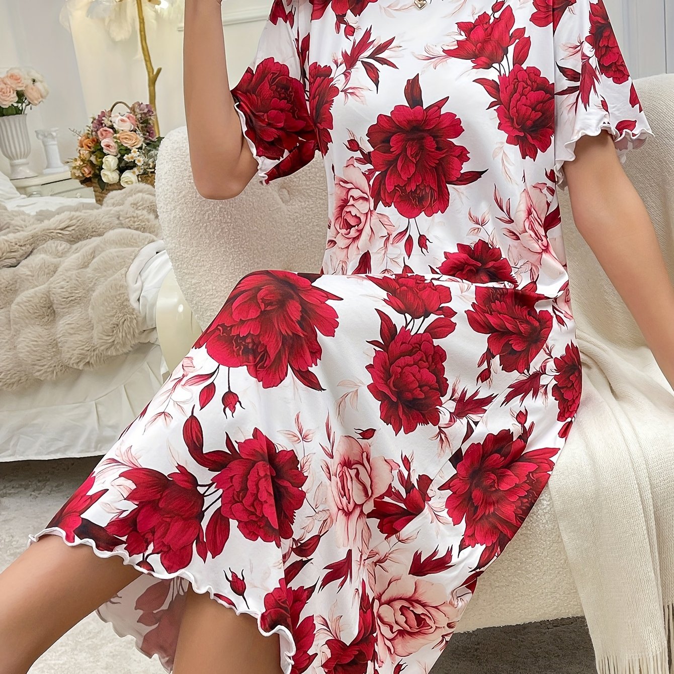 TEMU Women's Elegant Floral Print Frill Trim Sleepwear Dress, Short Sleeve Round Neck Tee Dress, Comfortable Nightgown