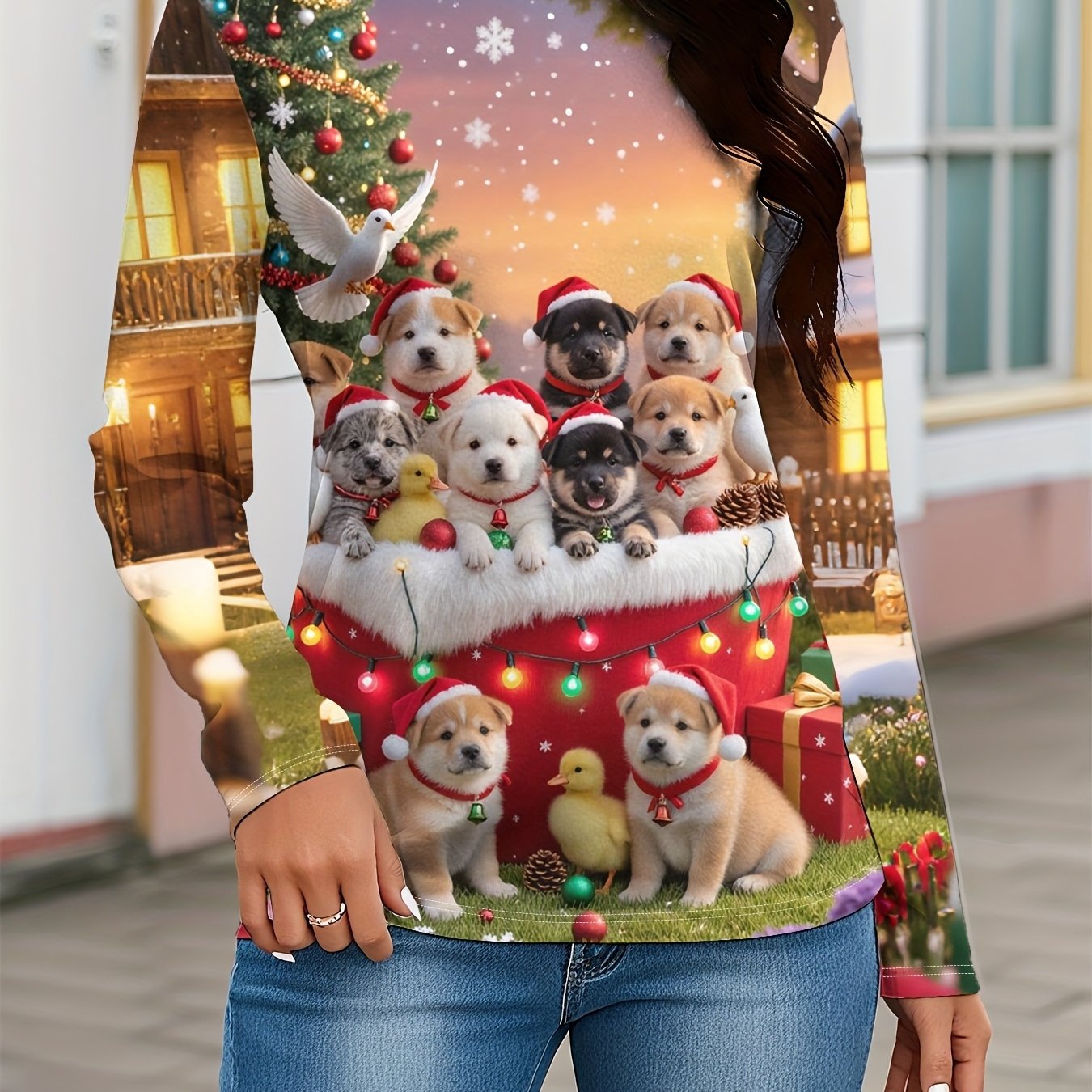 TEMU Women's Print Christmas T-shirt With Pet-themed Full-body - Cozy Long Sleeve -compatible Top Suitable For Casual Wear, Holiday Outfits & Stretch
