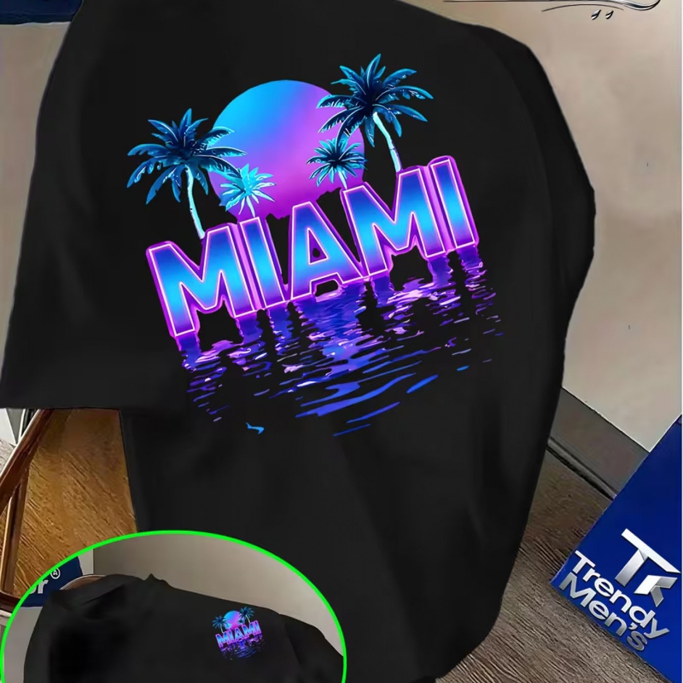 TEMU T-shirt à manches courtes décontracté imprimé intégral de paysage de plage néon bleu-miami pour les passionnés de mode streetwear ! Haut à