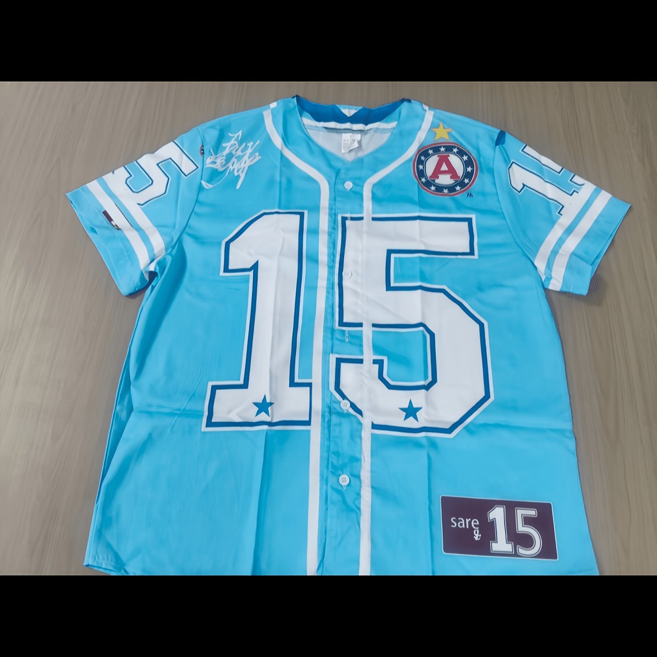 TEMU [printed Design - No Texture] Men's Baseball Jacket, Light Blue, With Number 15 And Star Pattern, Soft Textured Fabric, Multiple Sizes/colors
