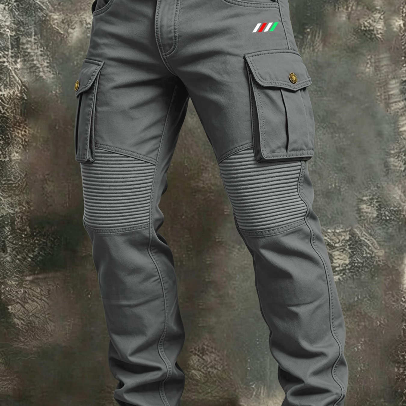 Image of Men's Multi-pocket Cargo Pants, Knee Ribbed Stitching Design Straight Leg Work Trousers For Casual Outdoor Motorcycle Riding, Plus Size