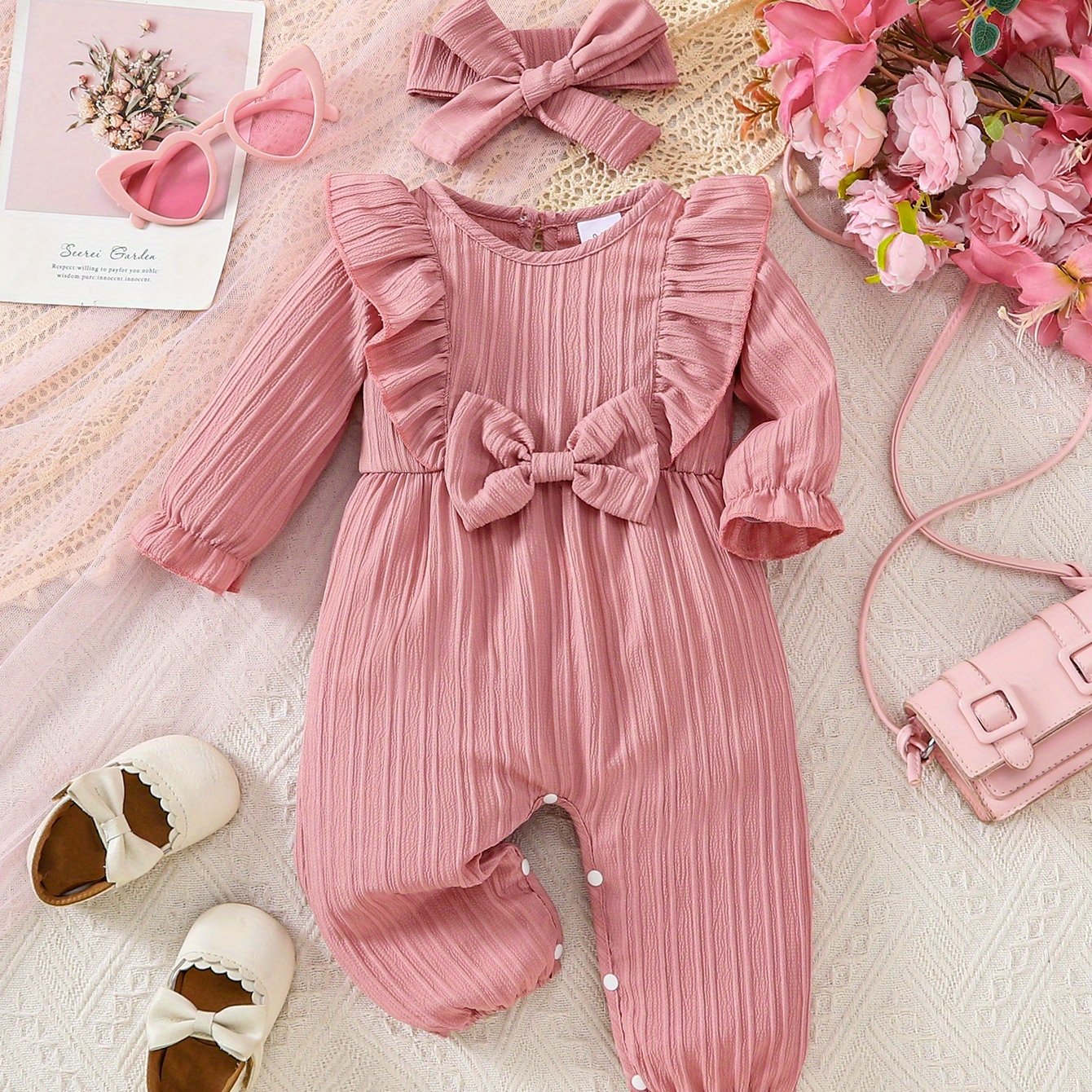 Image of Girls Solid Color Comfortable Romper + Headband 2pcs Set, For Outdoor