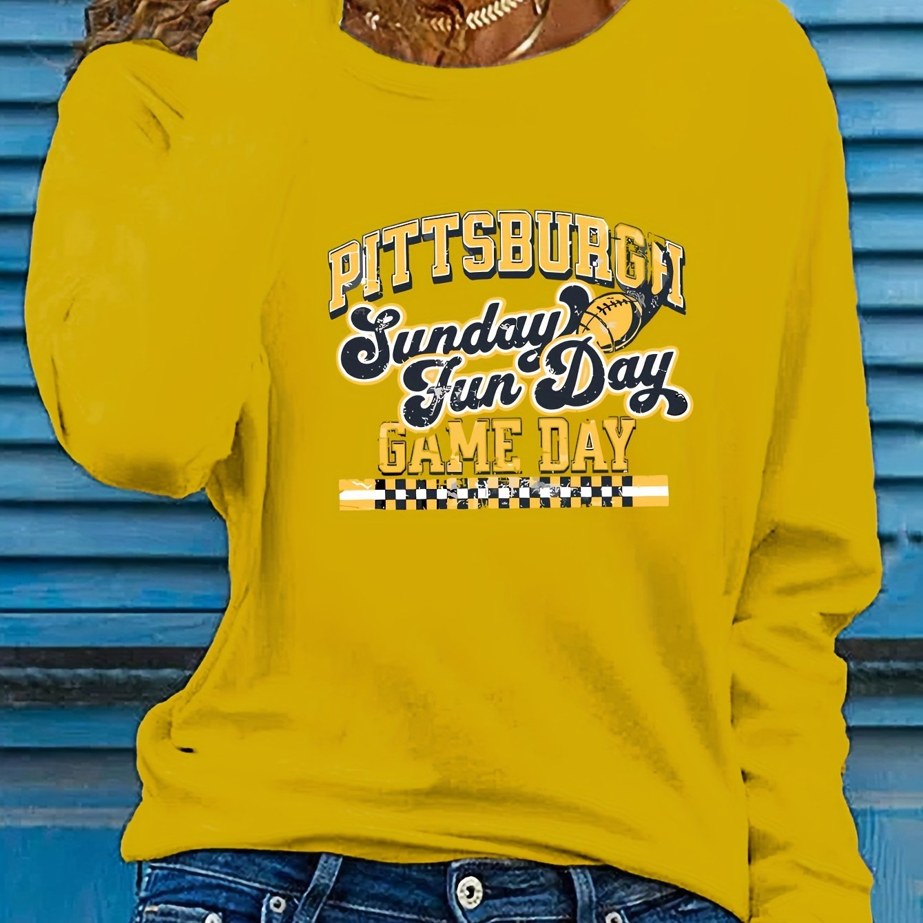 TEMU Sunday Women's Long Sleeve T-shirt - Casual Crew Neck Applique Letter Pattern Top, 100% Polyester Knit Fabric, Wear