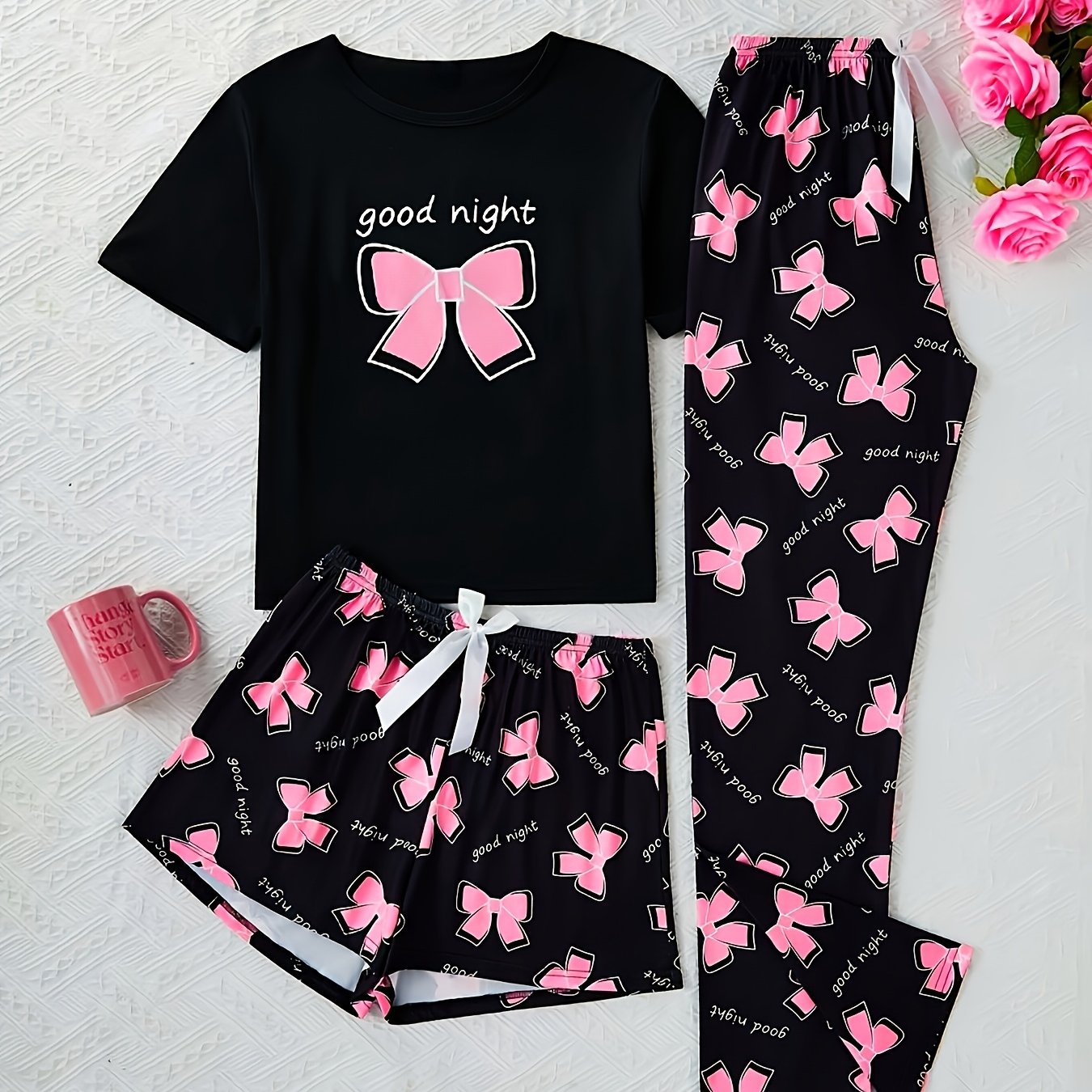 TEMU Women's Pajama 3pcs Set. Comfortable Round Neck Short Sleeve Top And Elastic Waist Pants Are Perfect