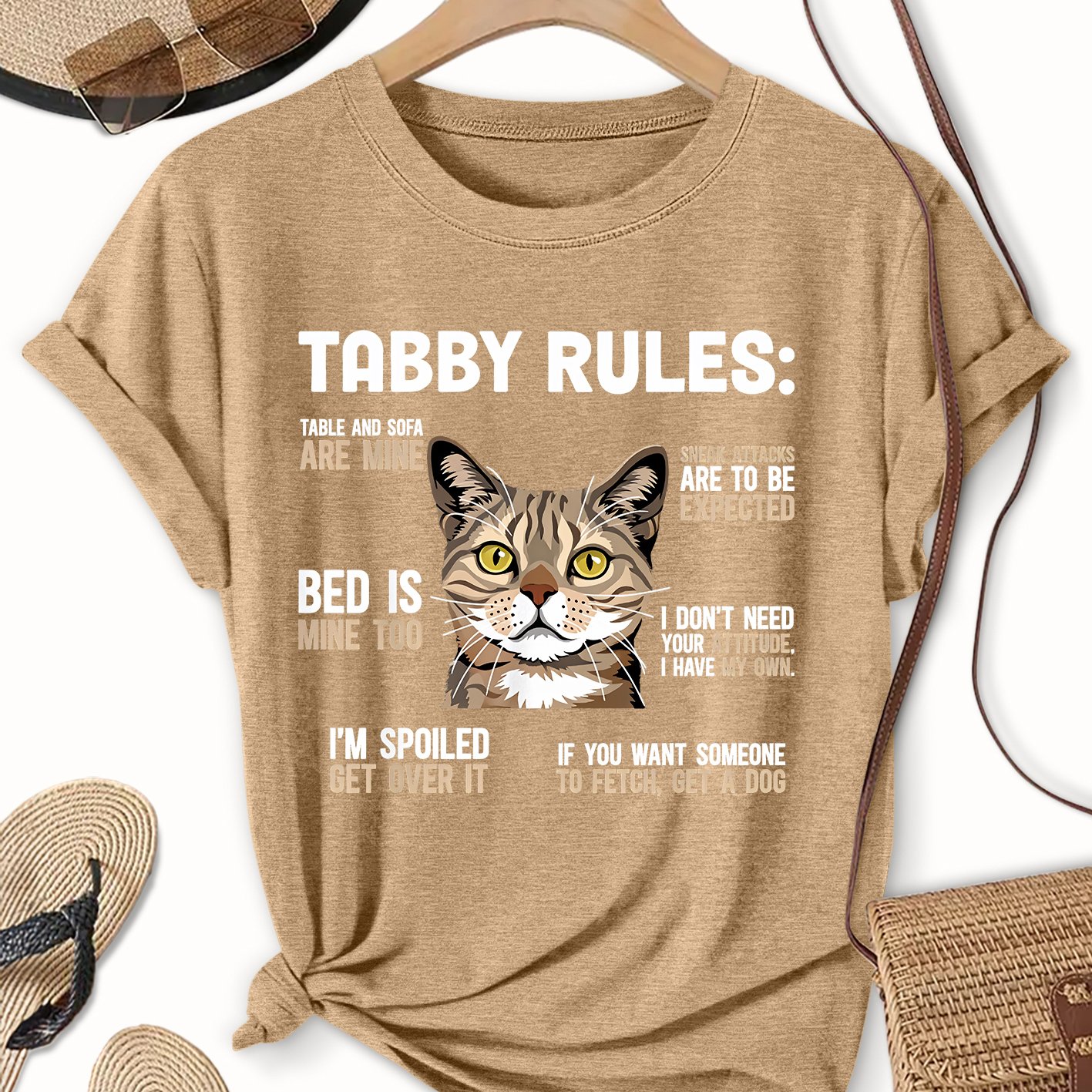 TEMU Plus Size Women's T-shirt Tabby Rules Cat Slogan Print Crew Neck Top, Medium Stretch Skin-friendly Breathable Comfortable Fabric, Suitable For