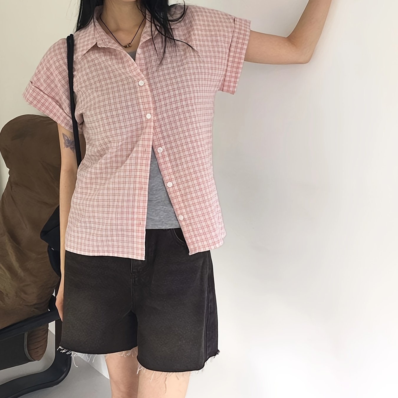 TEMU 2026 Summer New Korean Style Pink Plaid Short-sleeve Shirt For Women, Loose Fit Lapel Collar With Rolled Cuffs, Casual Versatile Cardigan Top