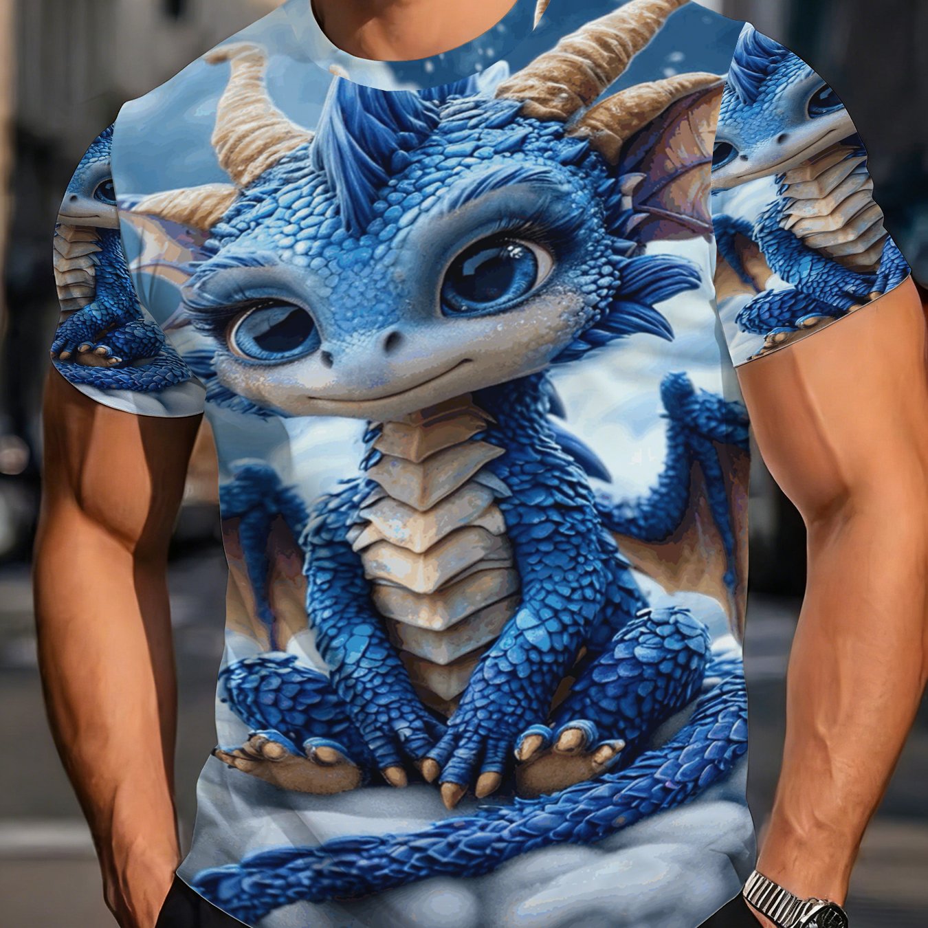 TEMU Cute Blue Dragon T-shirt, Adorable Cartoon Dragon Pattern Top, Fantasy Creature Print Short Sleeve, Trendy Creative Dragon Element Tee