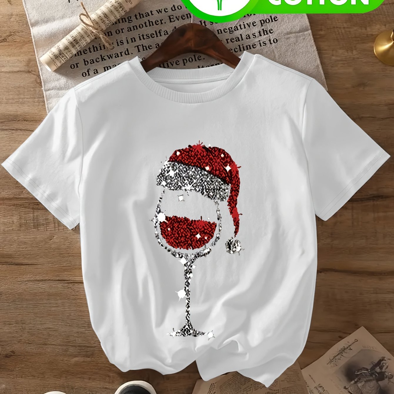 TEMU Women's Festive Cocktail Santa Hat Christmas T-shirt Soft Casual Spring Summer Top With Whimsical Design Light Pink With Red White Print Casual