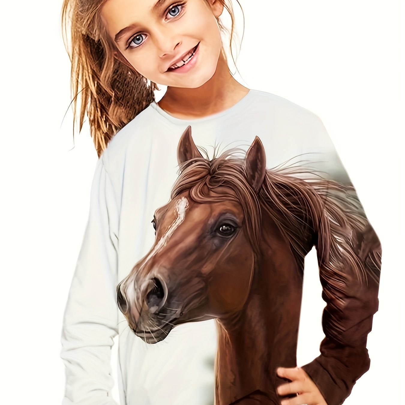 Image of Girls' Casual Animal Horse Print Long Sleeve T-shirt, For Teenager