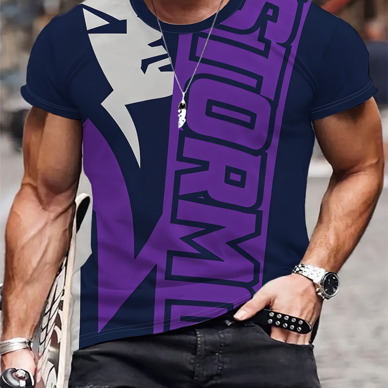 TEMU Men's Short Sleeve T-shirt With "storm" And Printed Design, Dark , Tattooed