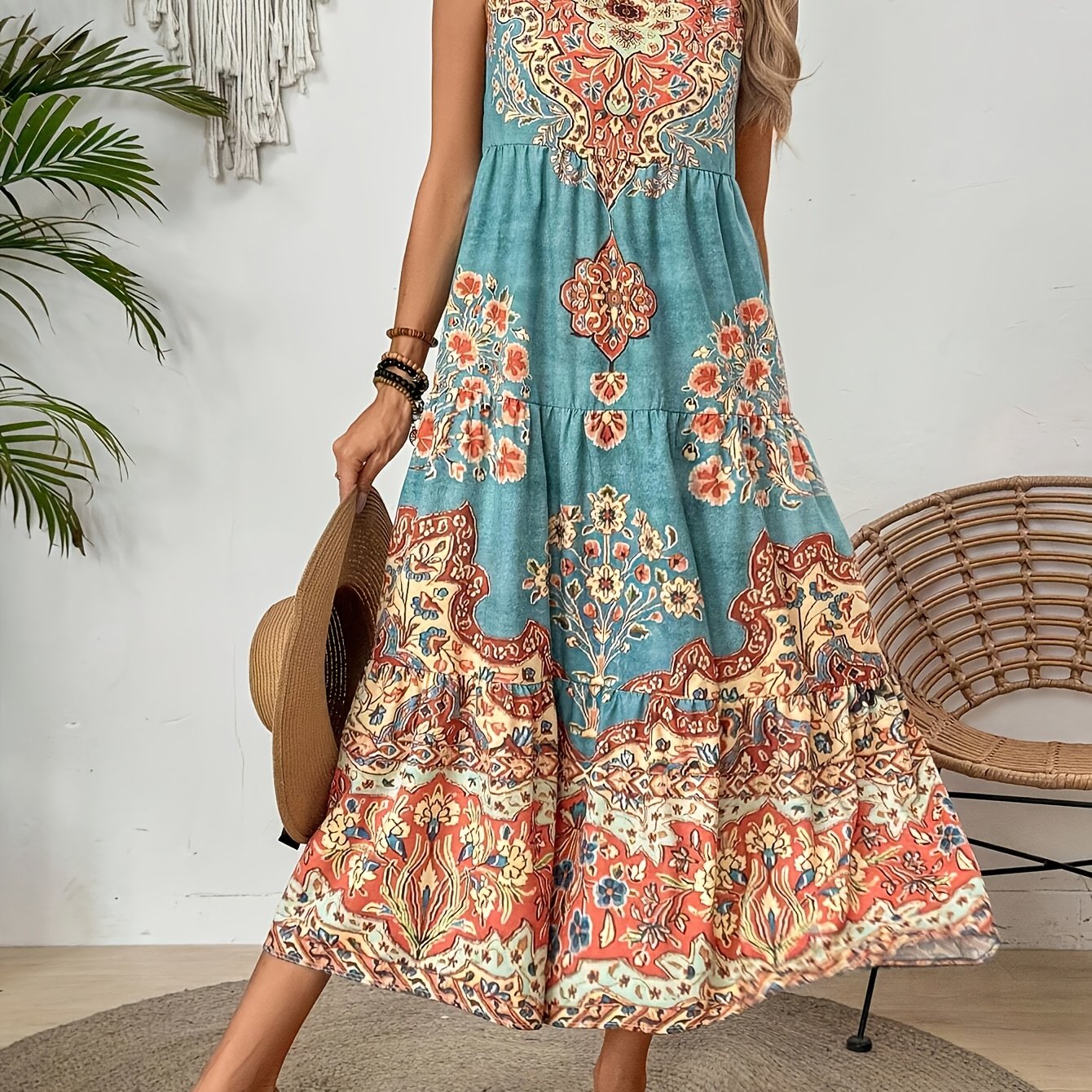 TEMU Holiday Women's Summer Printed Round Neck Sleeveless Dress, Suitable For Casual Or Beachwear