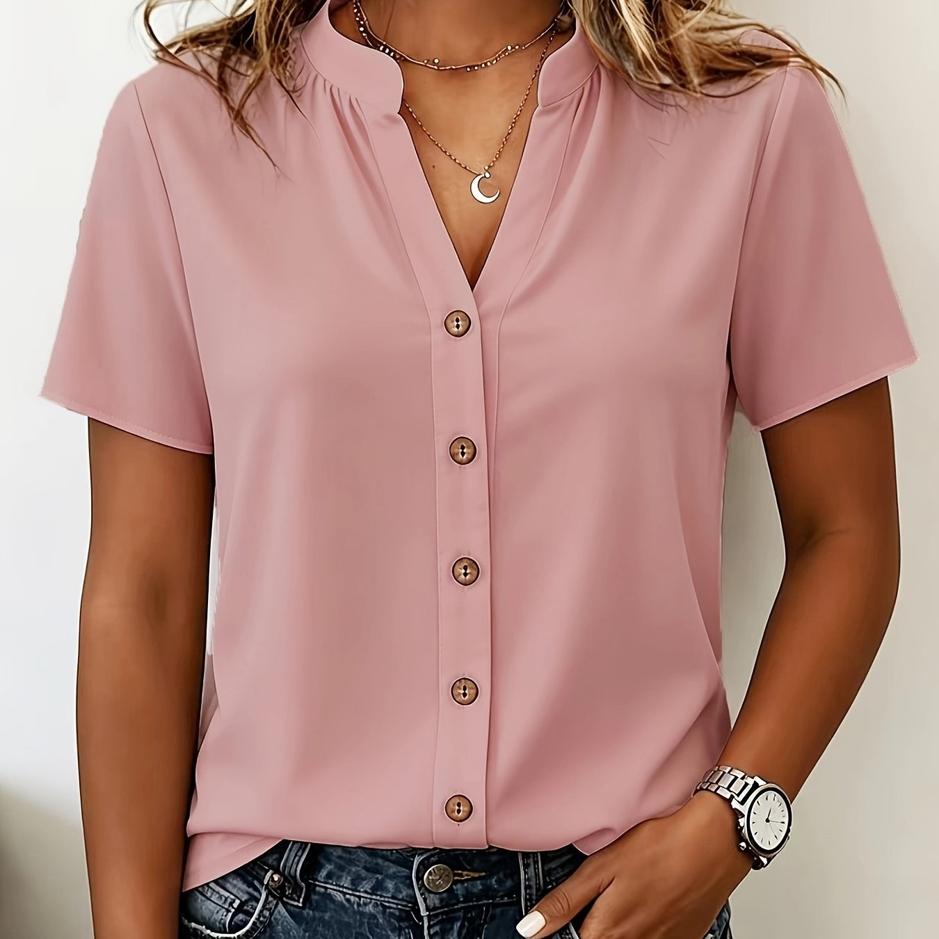TEMU Women's Fashion Solid Color V-neck Short Sleeve Shirt, Simple Commuter Style, Neckline-defining And Figure-flattering, -friendly And Breathable