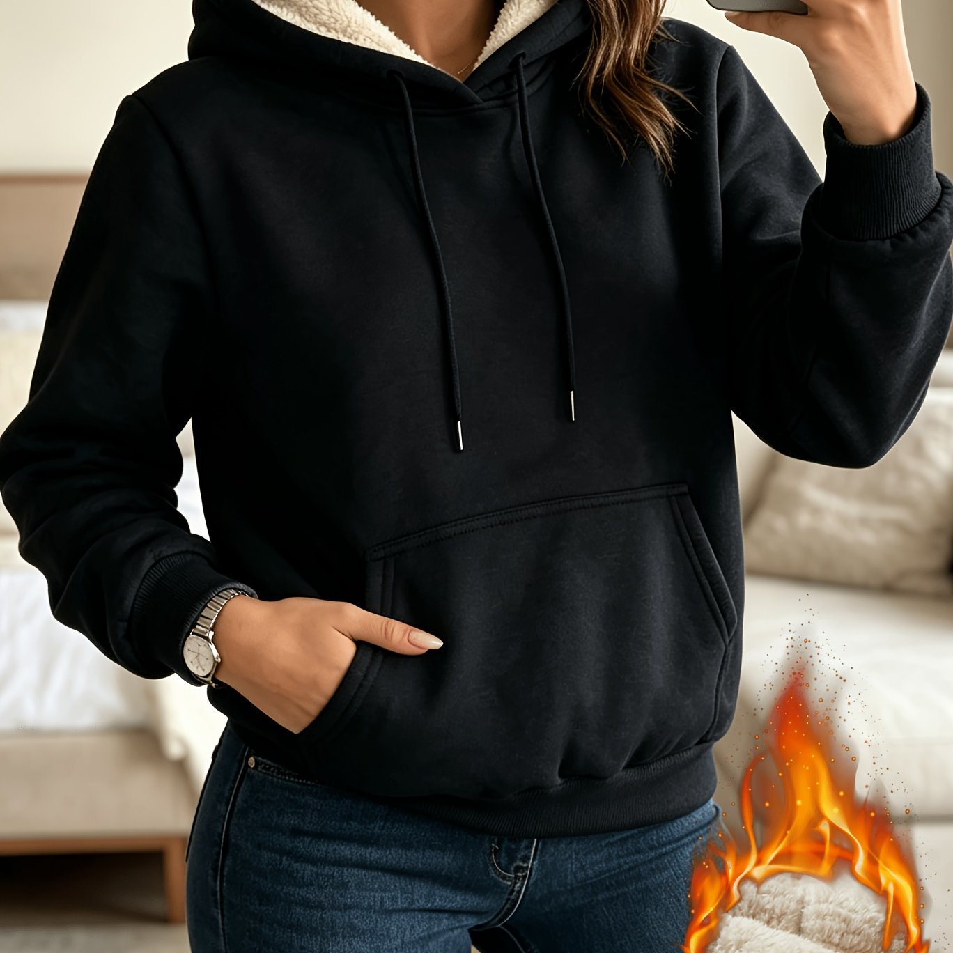 TEMU Sweatshirt à capuche épais et chaud doublé pour femme, avec poches et capuche, sweat à capuche décontracté et sportif , -froid et chaud, adapté