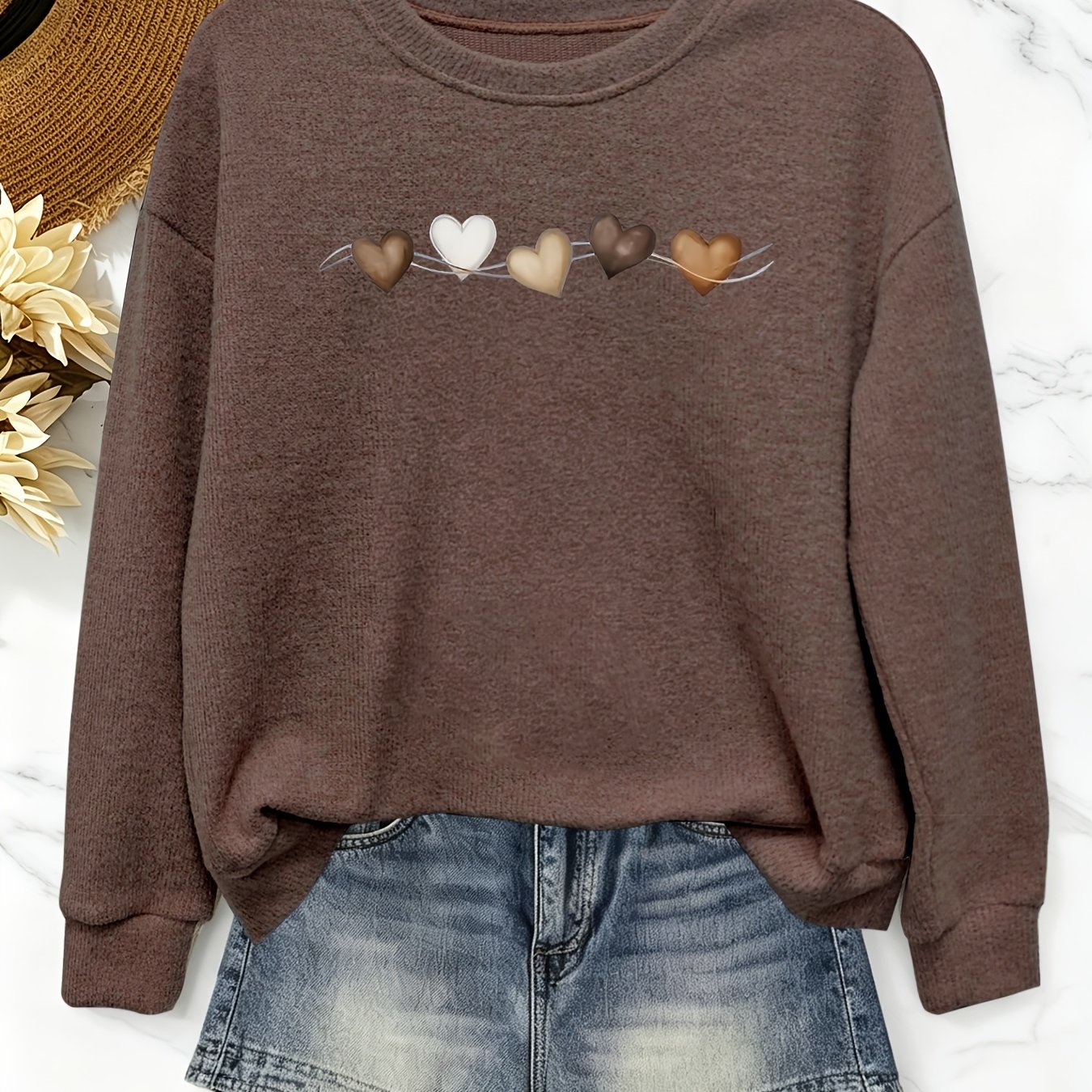 TEMU Women's Loose Heart Print Round Neck Sweatshirt, Casual Long Sleeve Basic Pullover Top