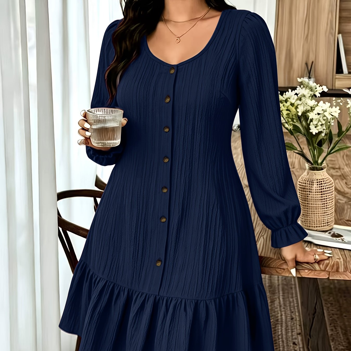 TEMU Women's Fashion Autumn Winter Style, French Gentle Textured Front Button Hem Casual Versatile, Beautiful Long Sleeve Dress