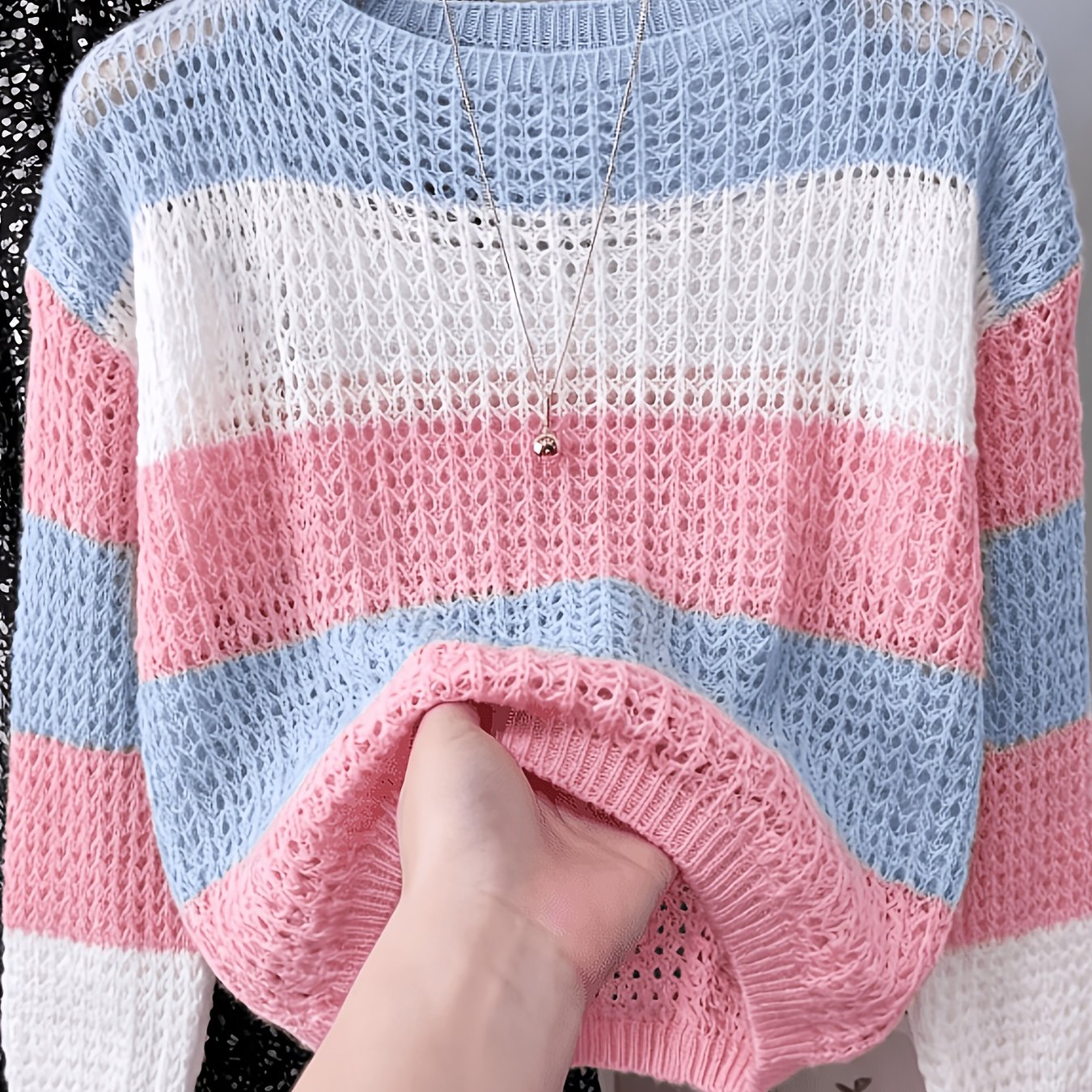 TEMU Color Block Striped Hollow Out Sweater, Crew Neck Long Sleeve Loose Cropped Pullover, Casual Lightweight Mesh Jumper For Women