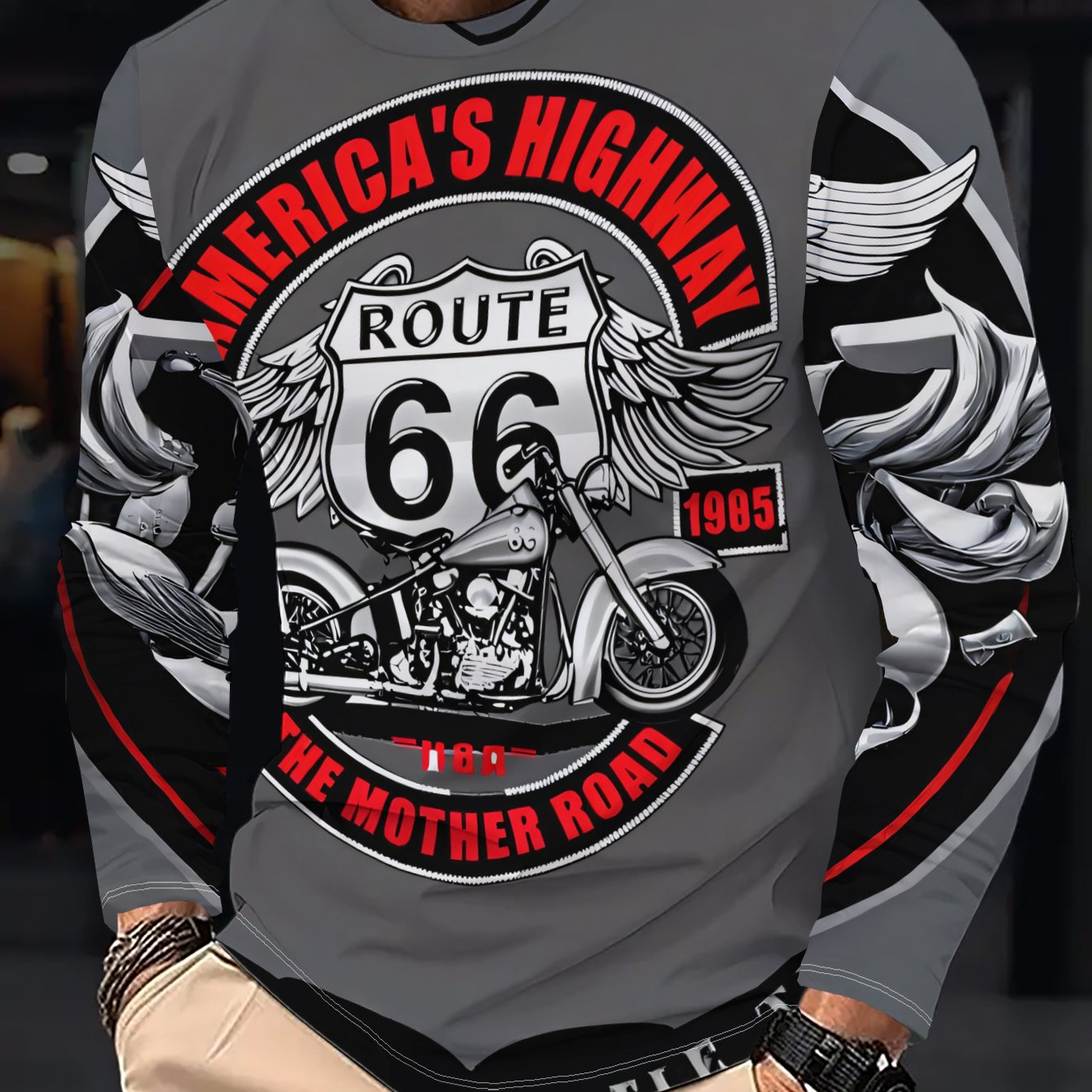 TEMU Men's Casual Long Sleeve T-shirt, American Route 66 Mother Road Motorcycle Sign Soft And Comfortable, Suitable For Spring Autumn Outdoor Wear,