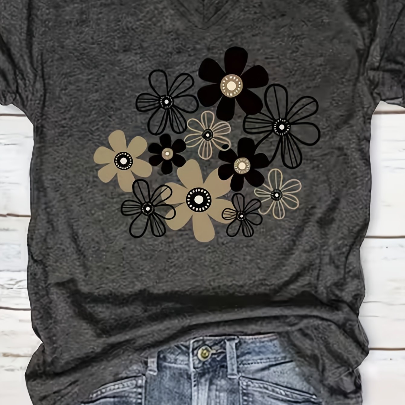 TEMU Vintage Elegant Black And Gray Floral Print V-neck T-shirt, Comfortable And Versatile Women's Short-sleeve Top, Soft Fabric With Design, Perfect