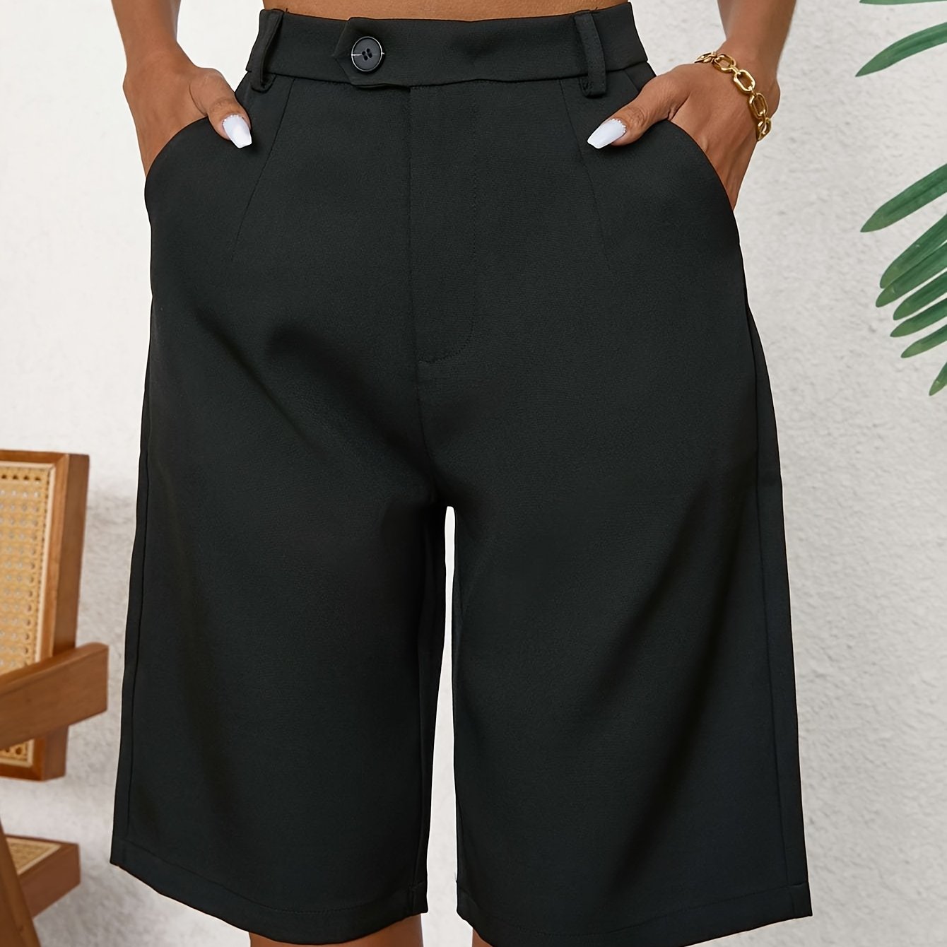 E-shop YT Damen Elegante Unifarbene Mid-Thigh Freizeitshorts - Nicht Dehnbarer Maschinenwaschbarer Stoff, Vielseitige Frühling Sommer Herbst Kleidung
