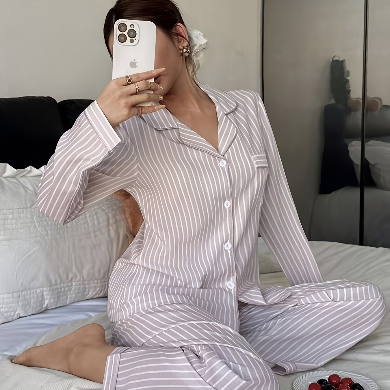 TEMU Women's Striped Lapel Long Sleeve Long Pants Casual Pajamas, Autumn/winter Comfortable Soft Loungewear