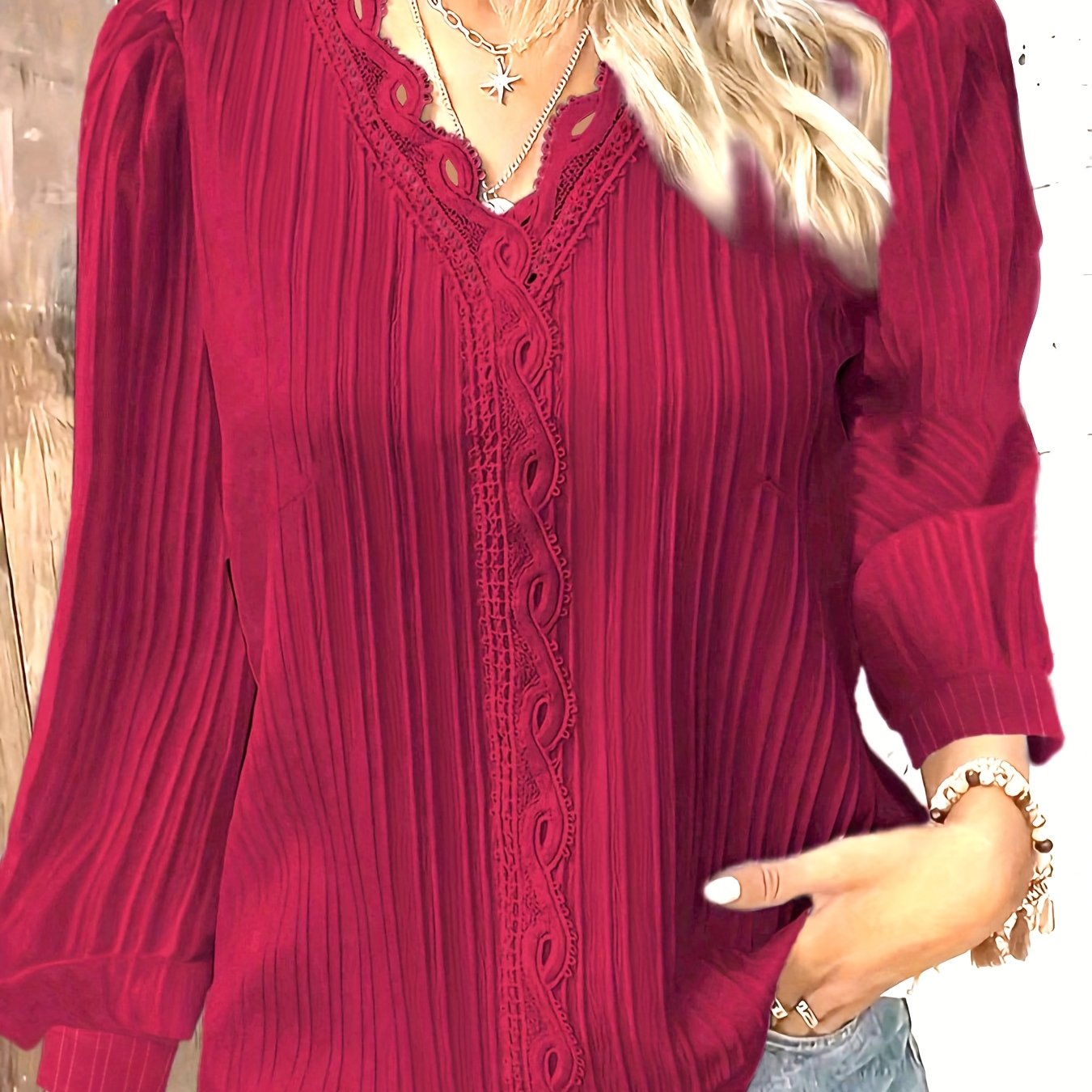 TEMU Lace Trim V-neck Blouse, Casual Long-sleeve Shirt For Spring And Autumn, Elegant Women's Style Blouse