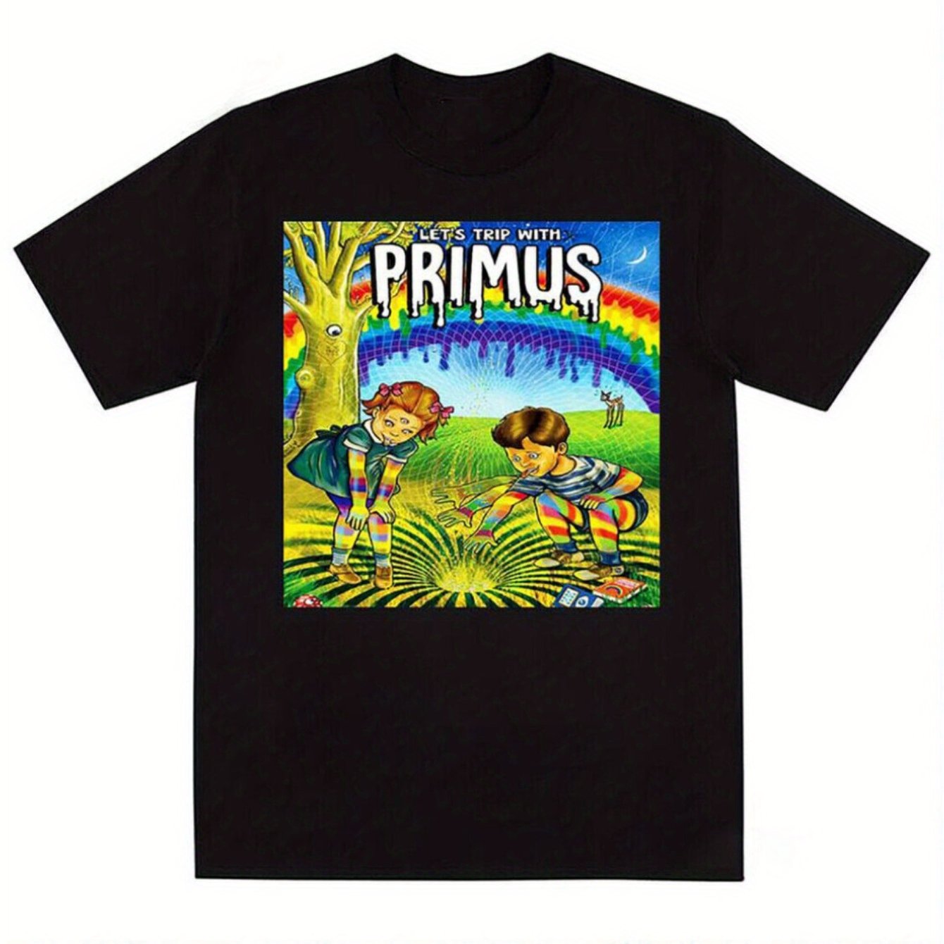 TEMU Retro Rainbow Cotton T-shirt - Vibrant Graphic Design, Casual Fit, Short Sleeve, Round Neck, Machine Washable For Parties, Outdoor & Casual Attire