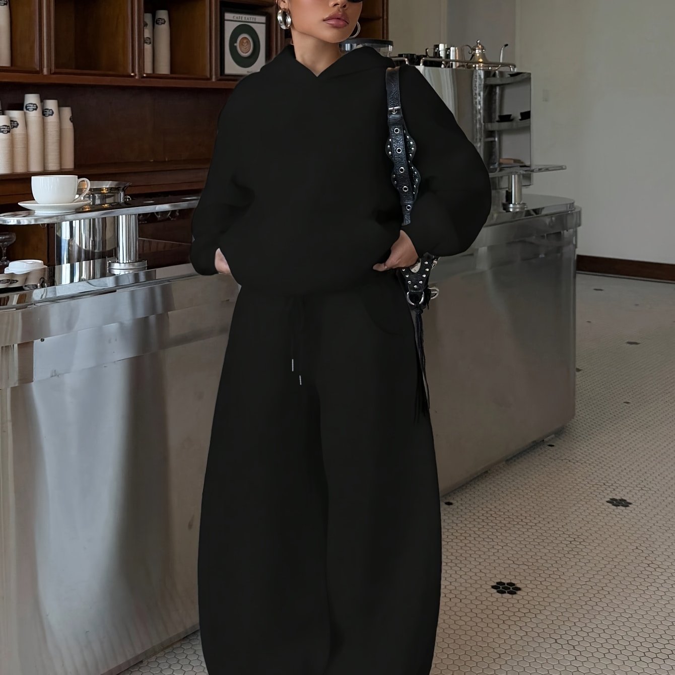 TEMU Women's Fall Winter Athletic Sweatshirt And Long Pants Set, Top Loose Hooded Design, Bottom Loose Athletic Pants With Elastic Drawstring