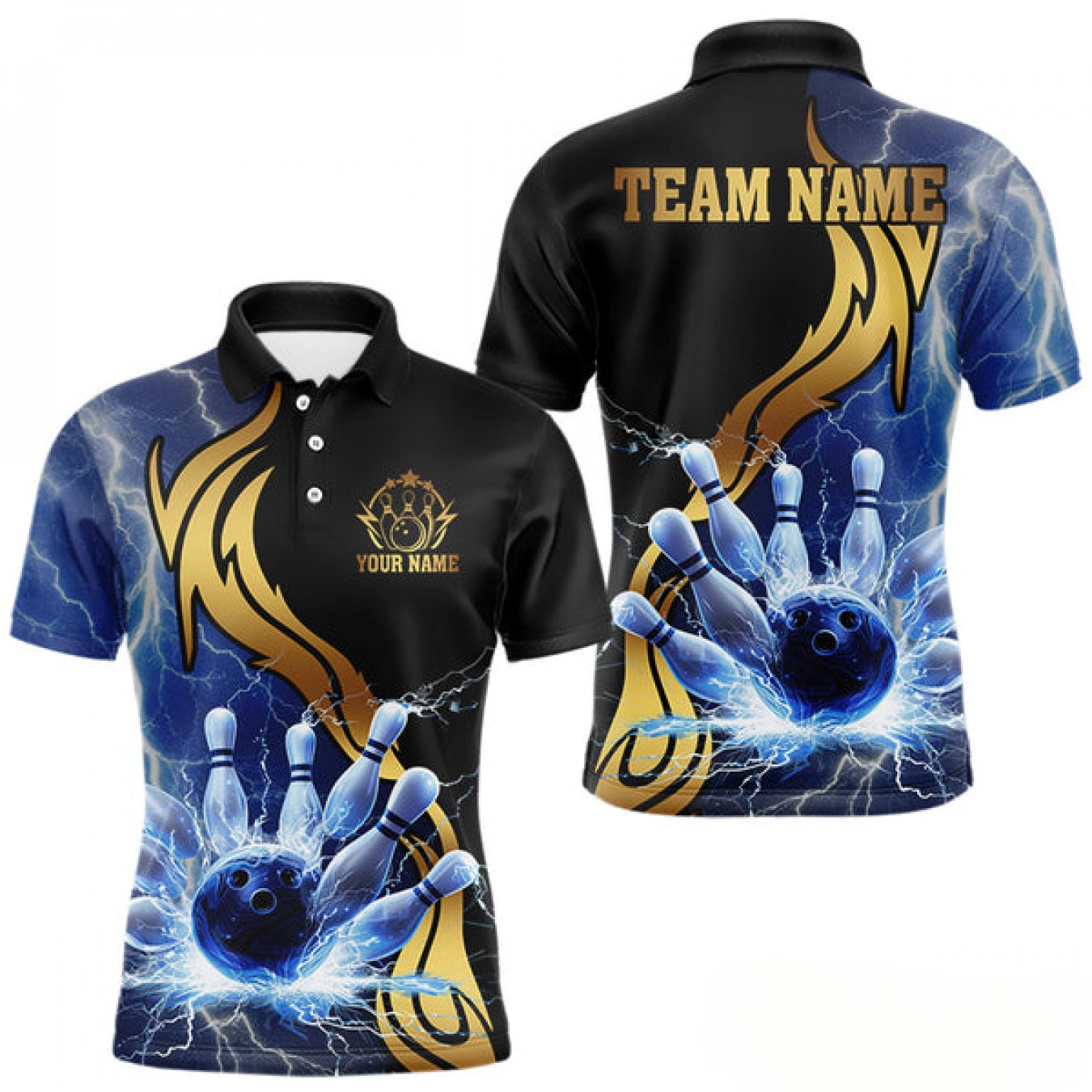 TEMU Custom Item Men's Shirt/ | Blue Lightning Thunder And Golden Bowling Elements Design, Name Customization | Casual Comfortable, Men's Clothing,
