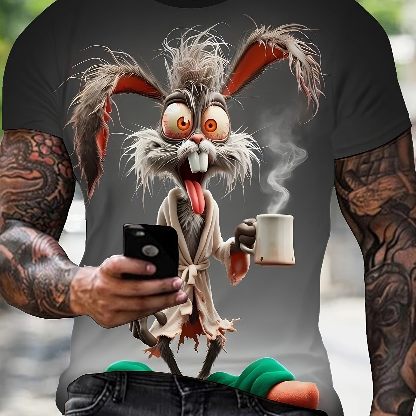 TEMU - Men's T-shirt With Rabbit Pattern - Short-sleeved, Round Neck, Perfect For Summer Style And Vacation Wear | Comfortable And Well-fitting Top