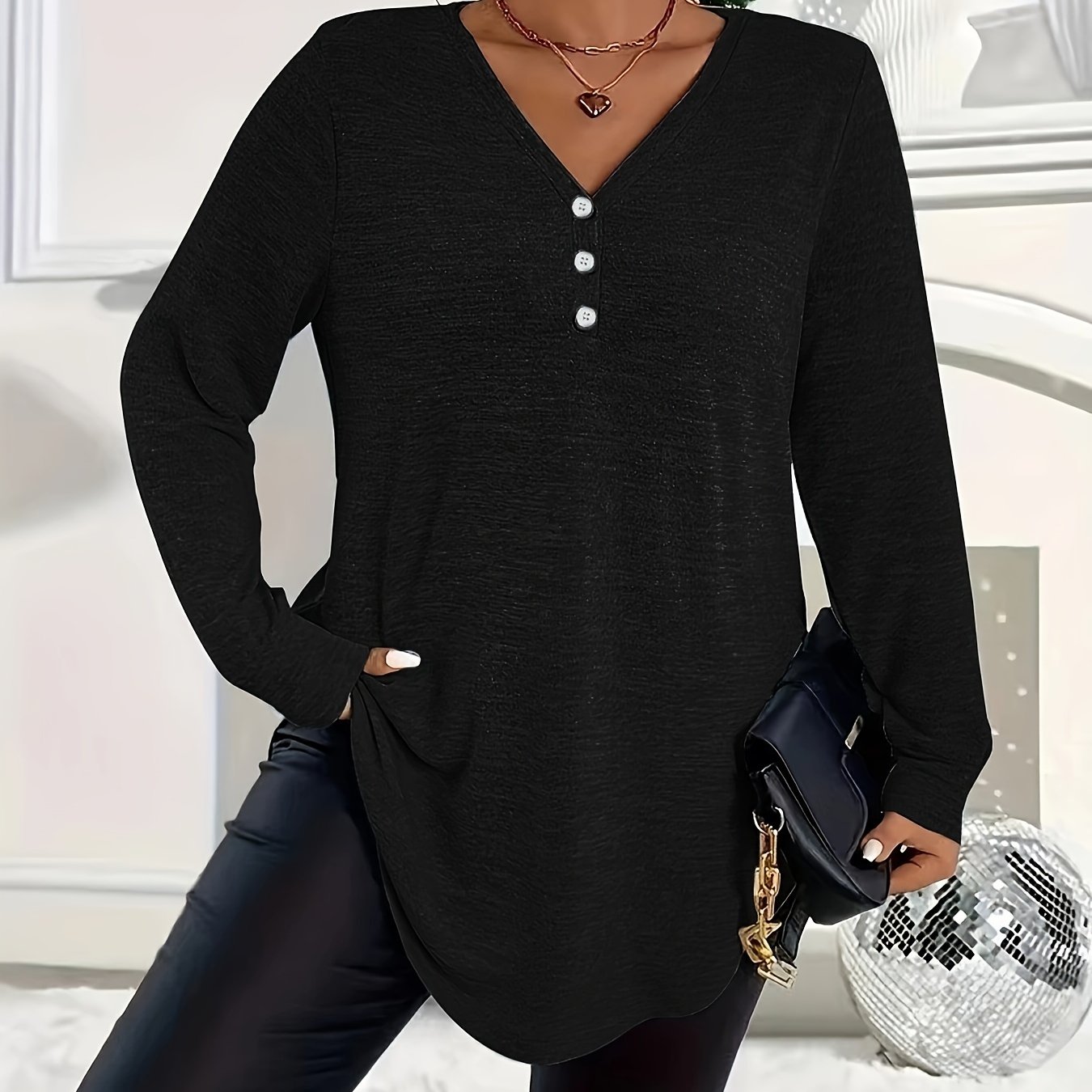 Image of Plus Size, Popular Solid Color Plus Size Button-up Long Sleeve