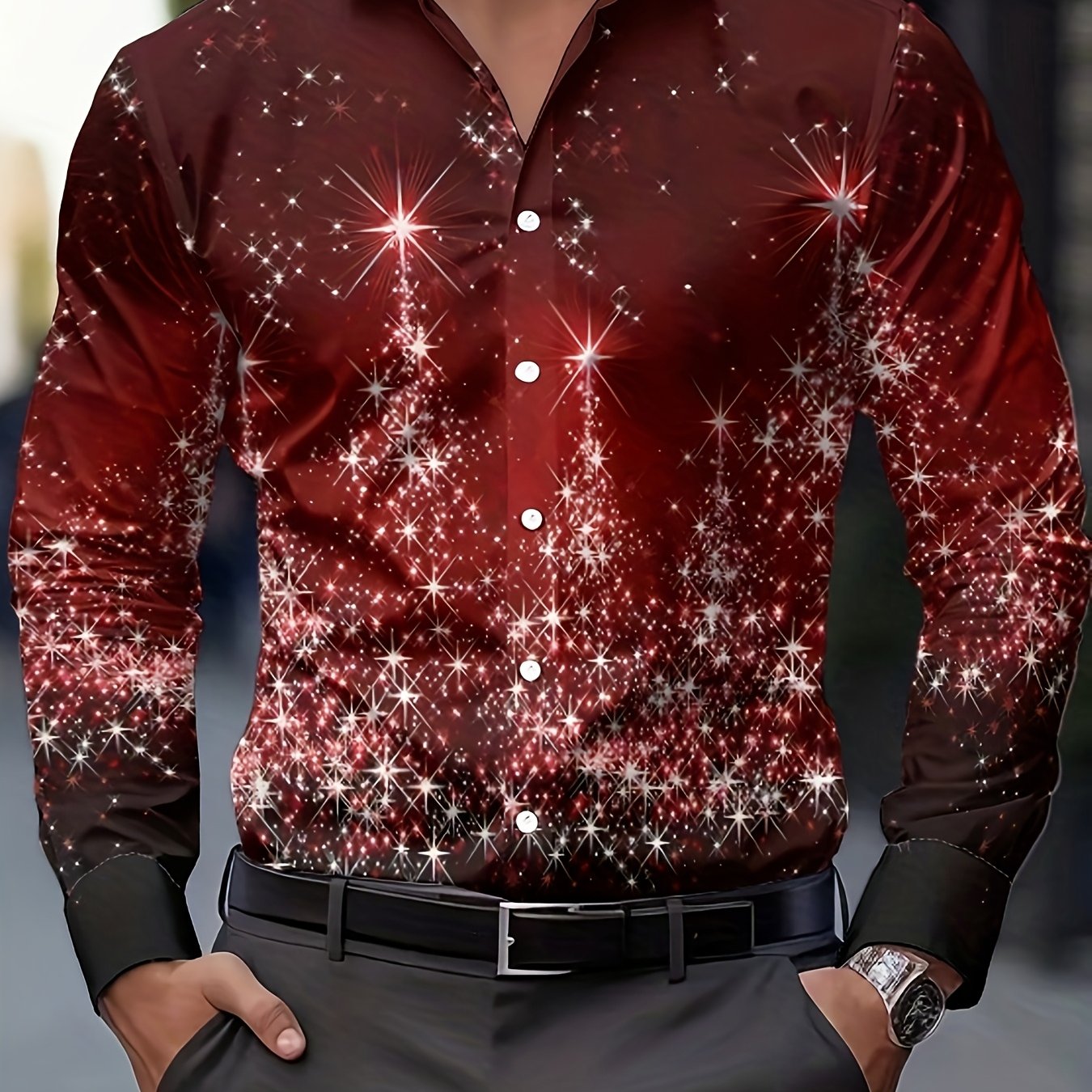 TEMU Men's Casual Long-sleeve Shirt With A Christmas Print, Perfect For Holiday Attire, Regular Fit, Machine Washable, A Great Gift For Men, Suitable