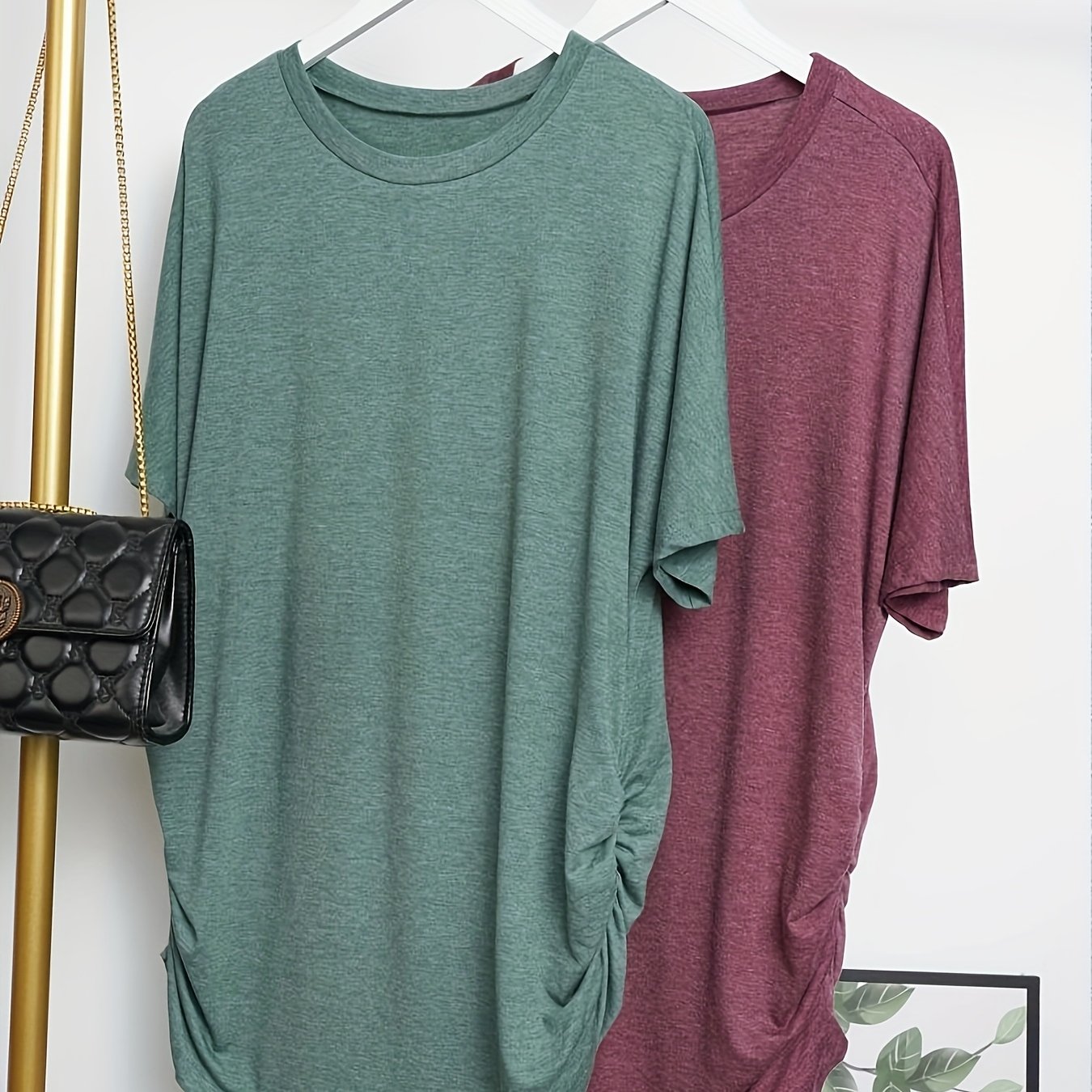Plus Size - Plus Size - Plus Size Solid Batwing Sleeve Ruched Round Neck Ruched T-shirt